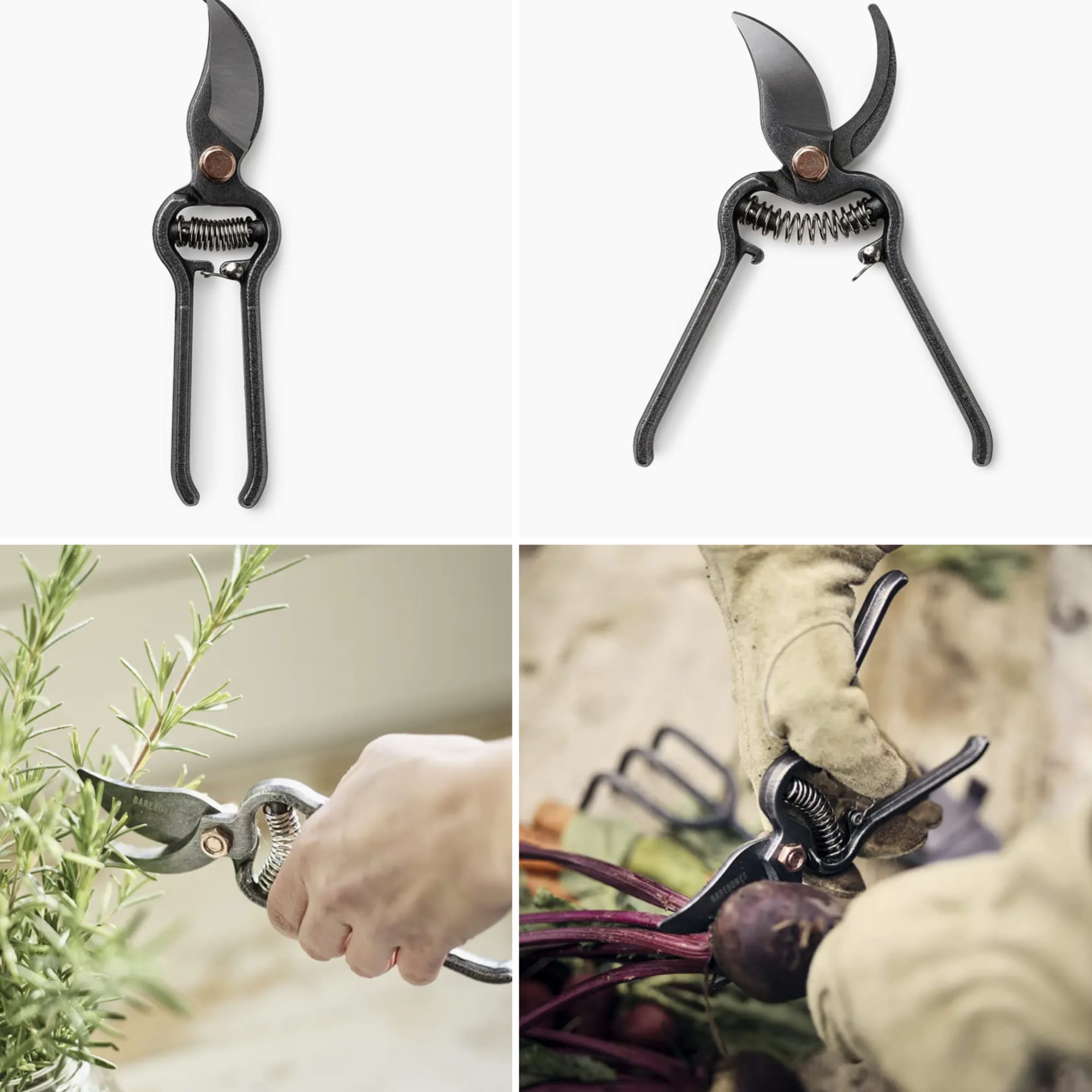 Black pruning shears shown alone and in use trimming plants and vegetables.