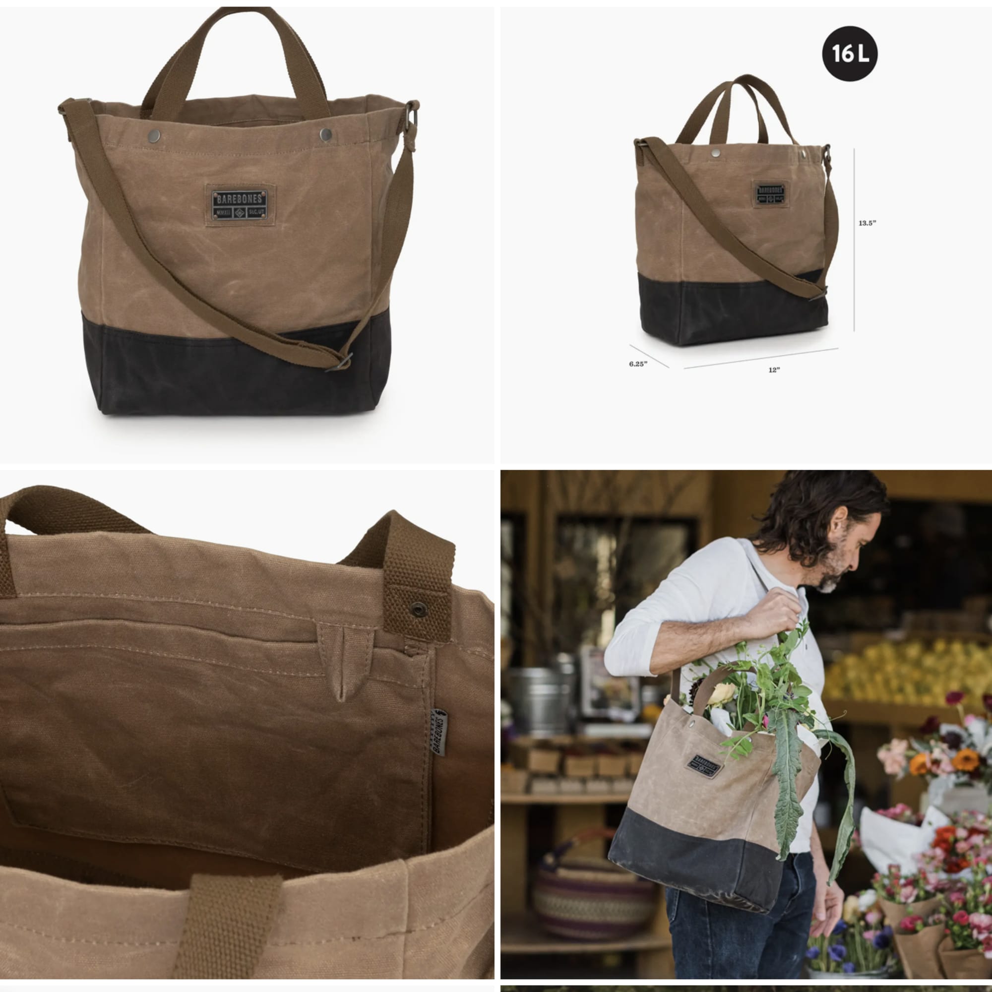 Brown and black canvas tote bag with shoulder strap