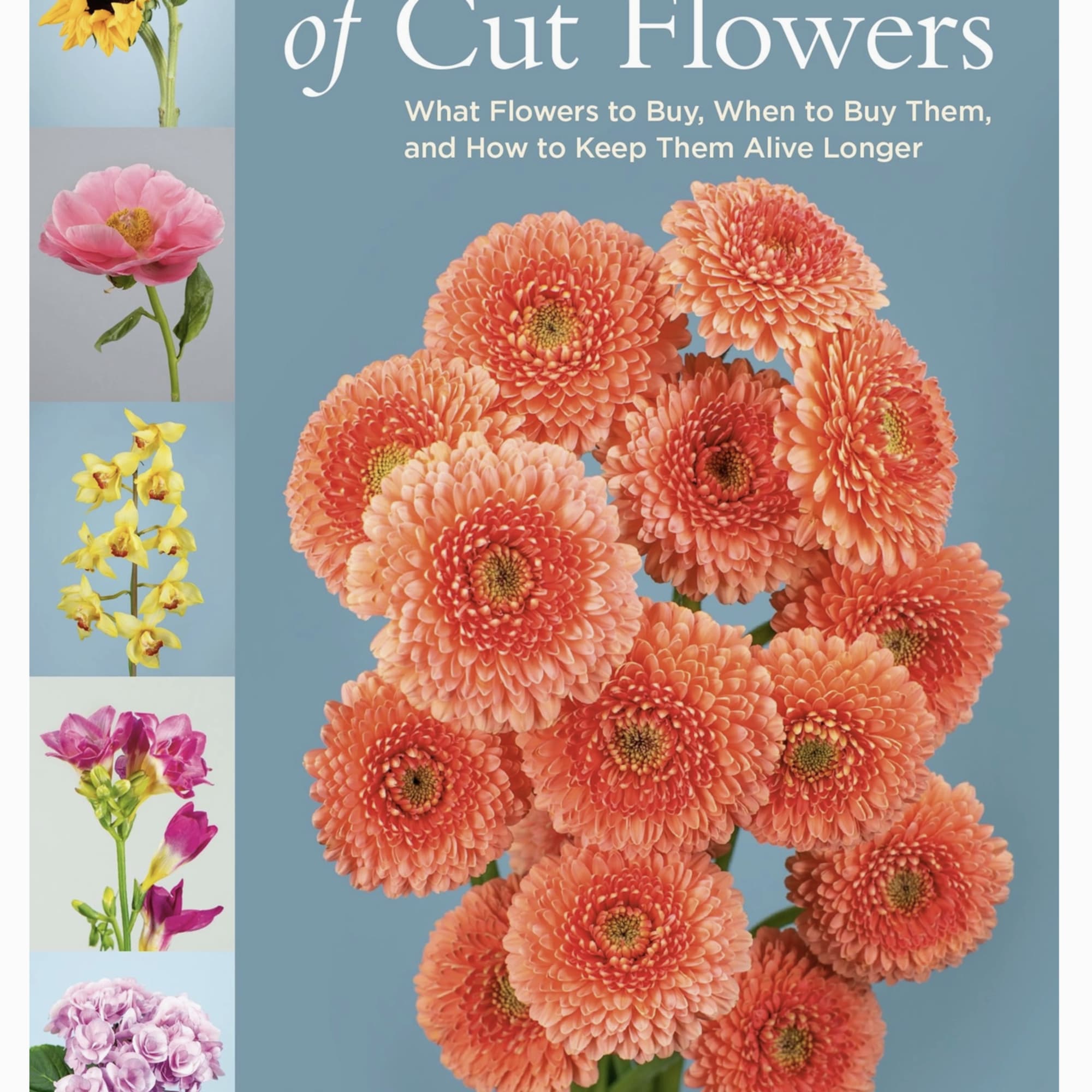 Book cover with orange gerbera daisies and a column of assorted flowers