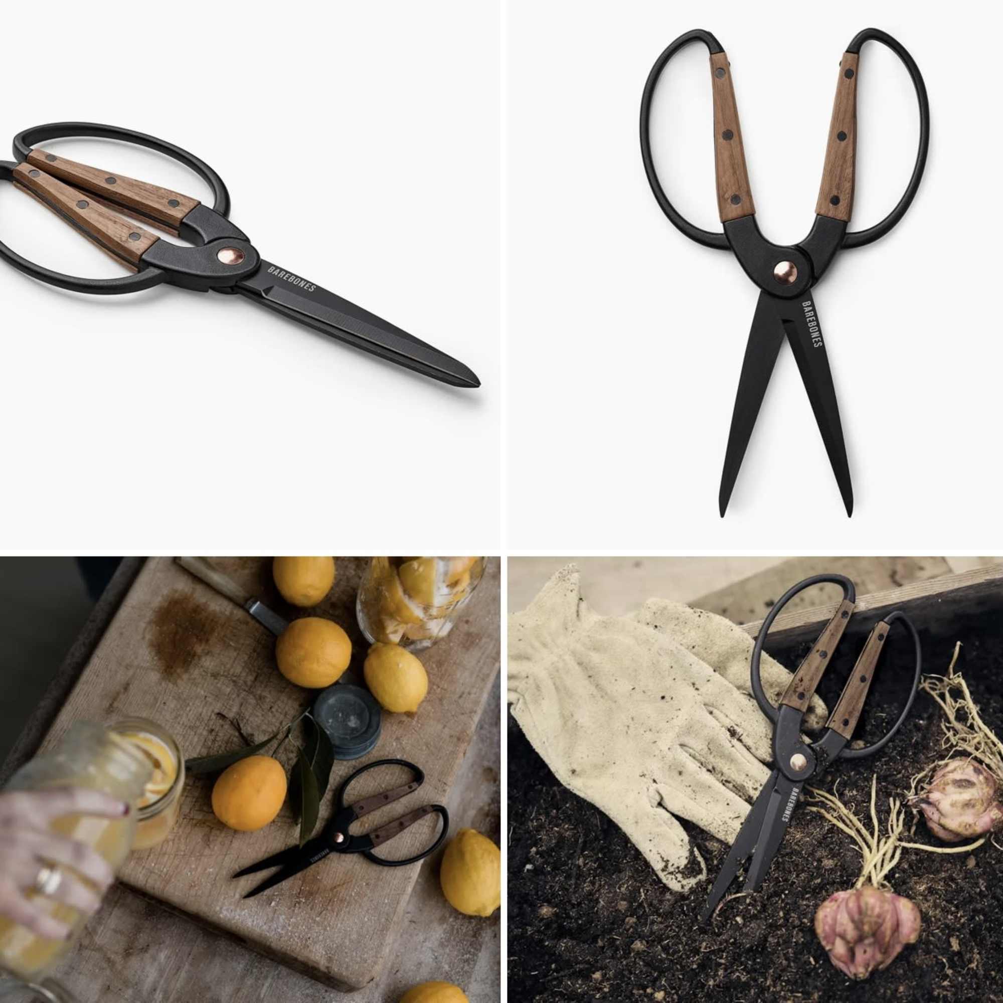 Black pruning shears with wooden handles on a white background
