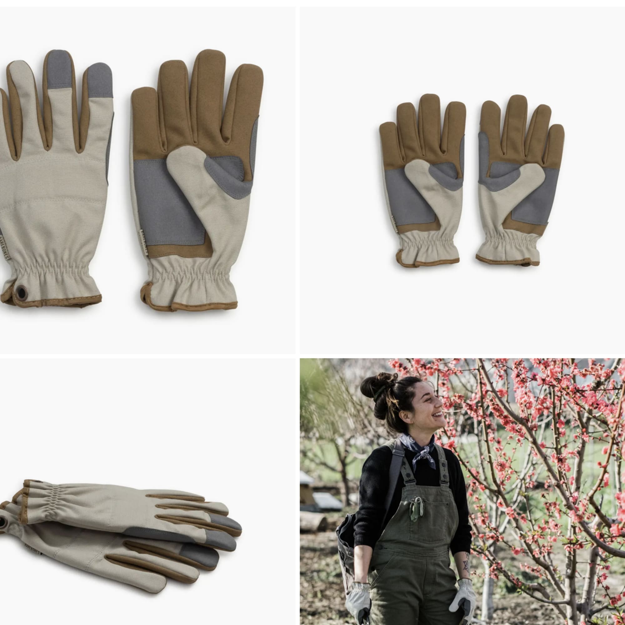 Pair of work gloves shown in multiple views, with a person wearing them outdoors