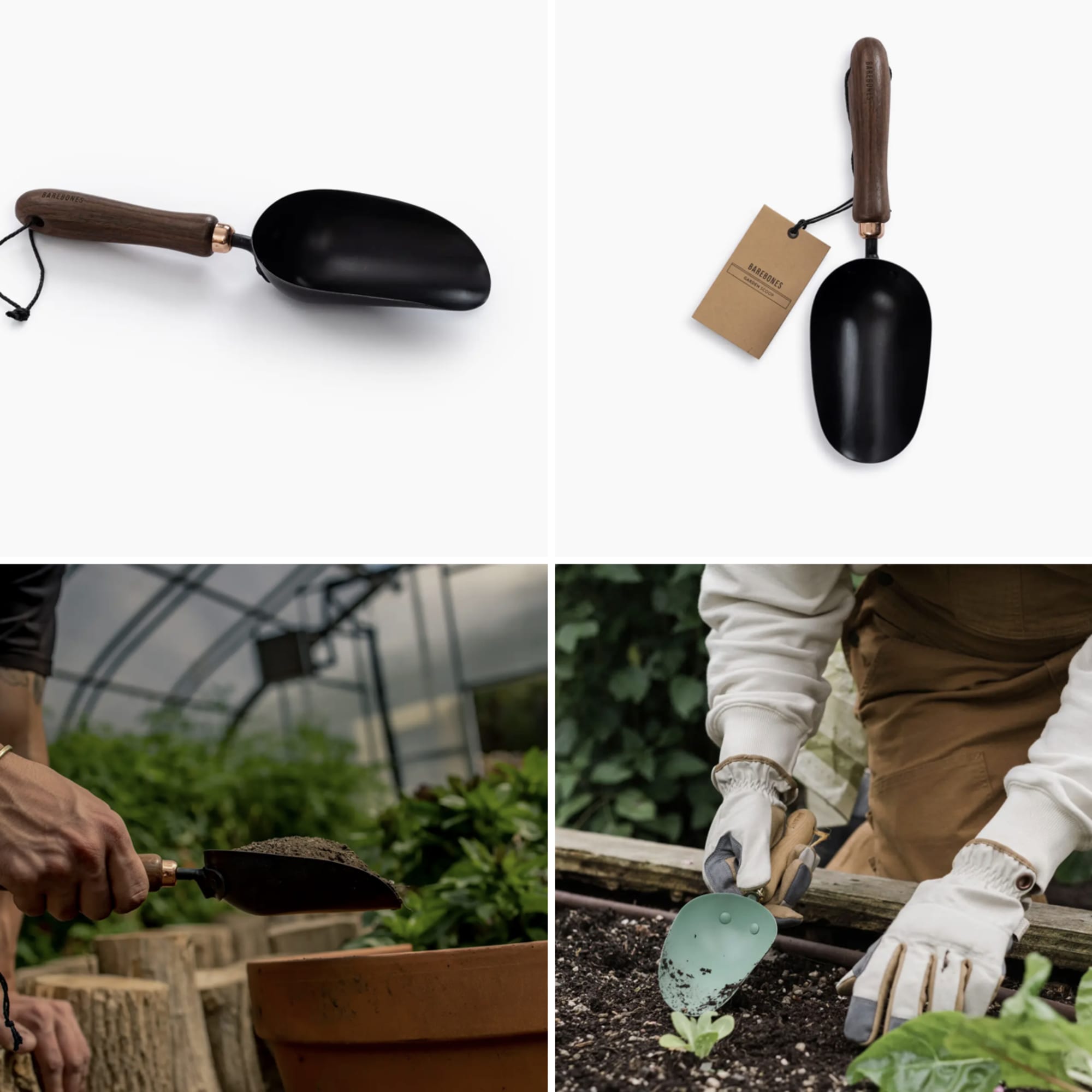 Hand trowel with a wooden handle and black metal scoop