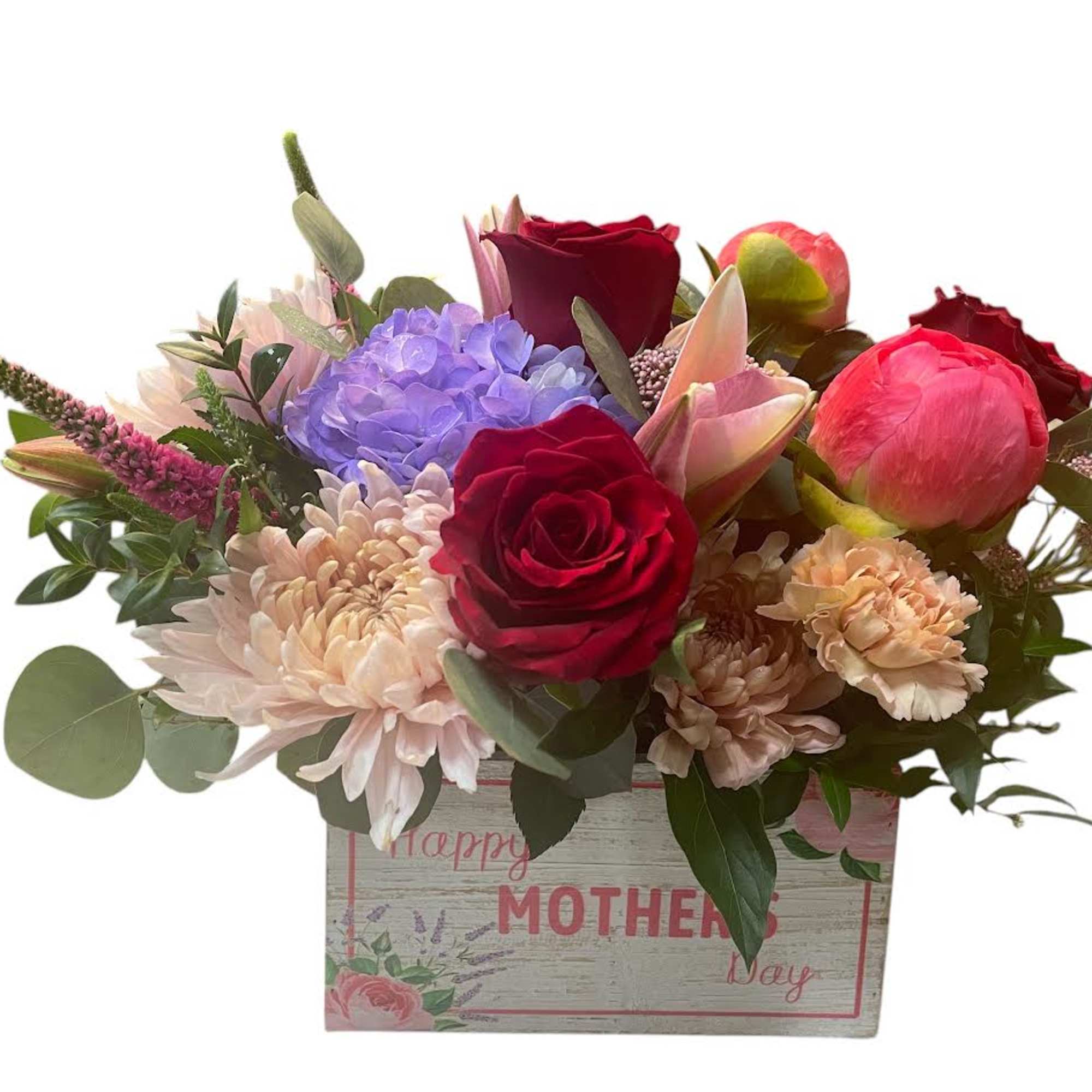 Mixed bouquet in a wooden box with roses, hydrangea, and chrysanthemums
