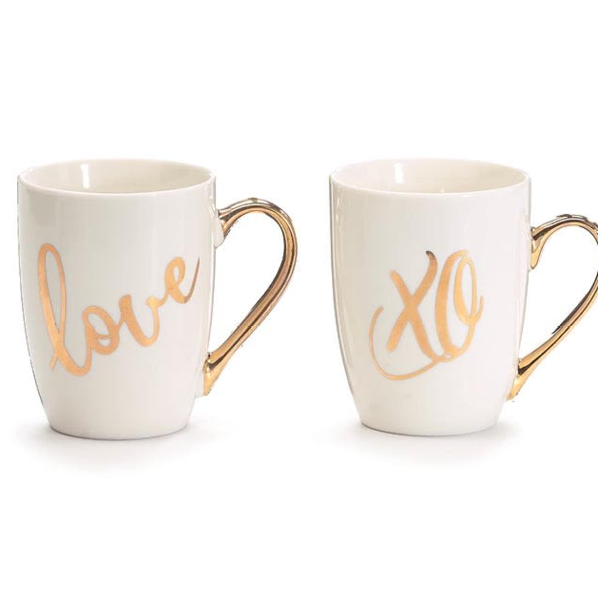 Two white mugs with gold handles, one reading love and one xo