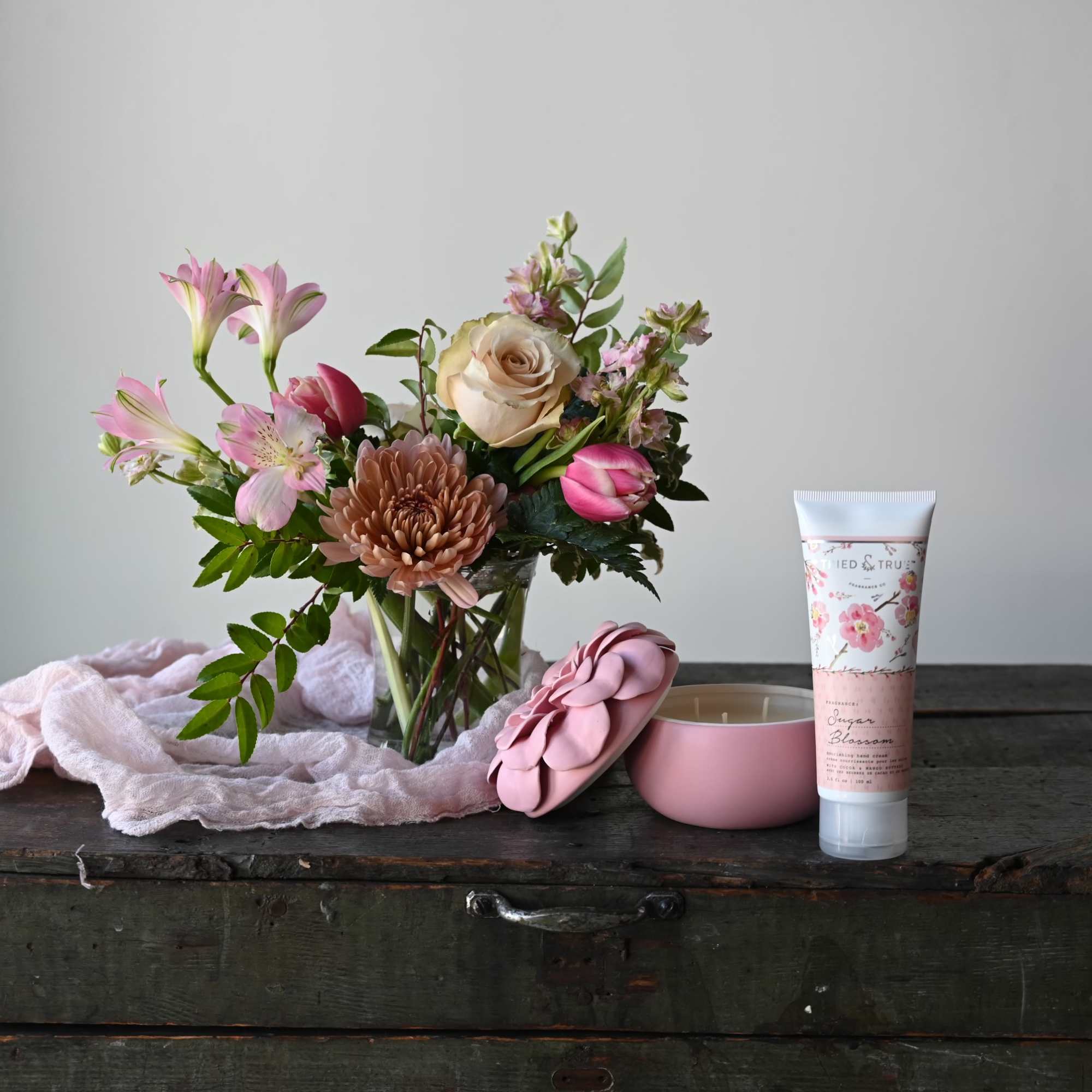 Our small mason jar holds a simple, but lovely bouquet of seasonal