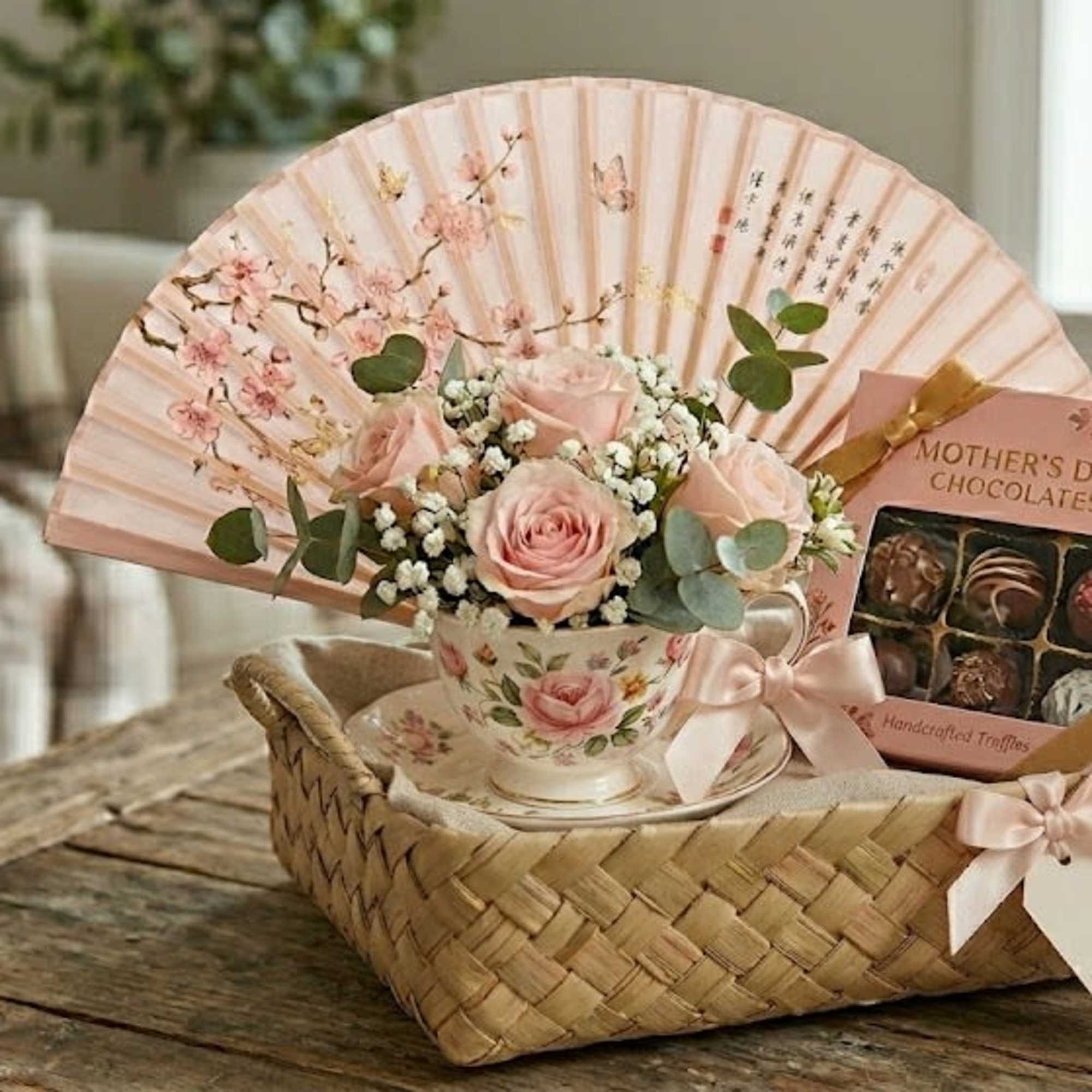 Delicate pale pink roses and tiny white filler flowers are arranged in