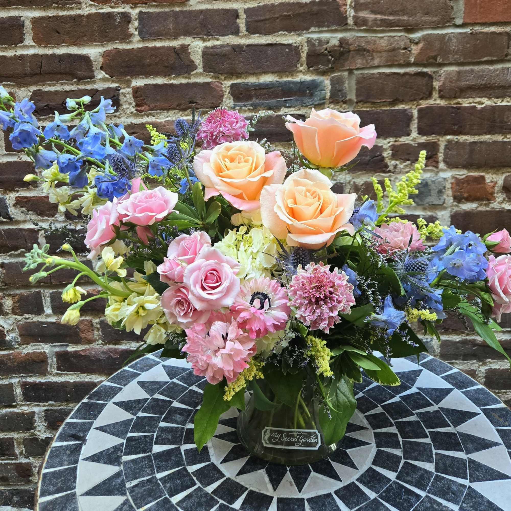 A romantic, soft and serene floral design in pastel colors of blue
