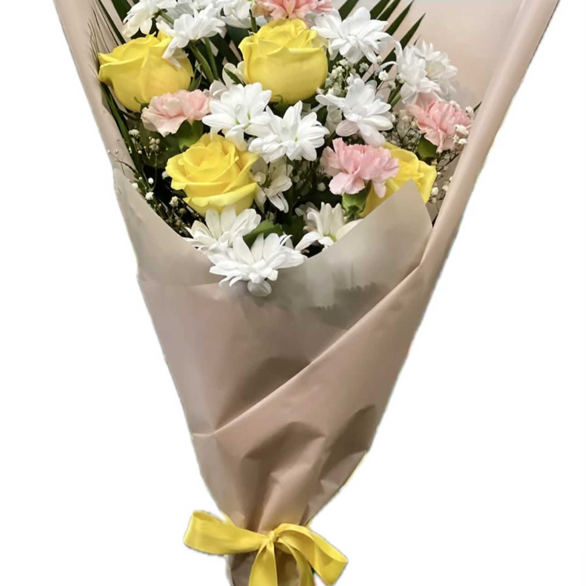 Bouquet of yellow roses, white daisies, and pink carnations wrapped in beige paper