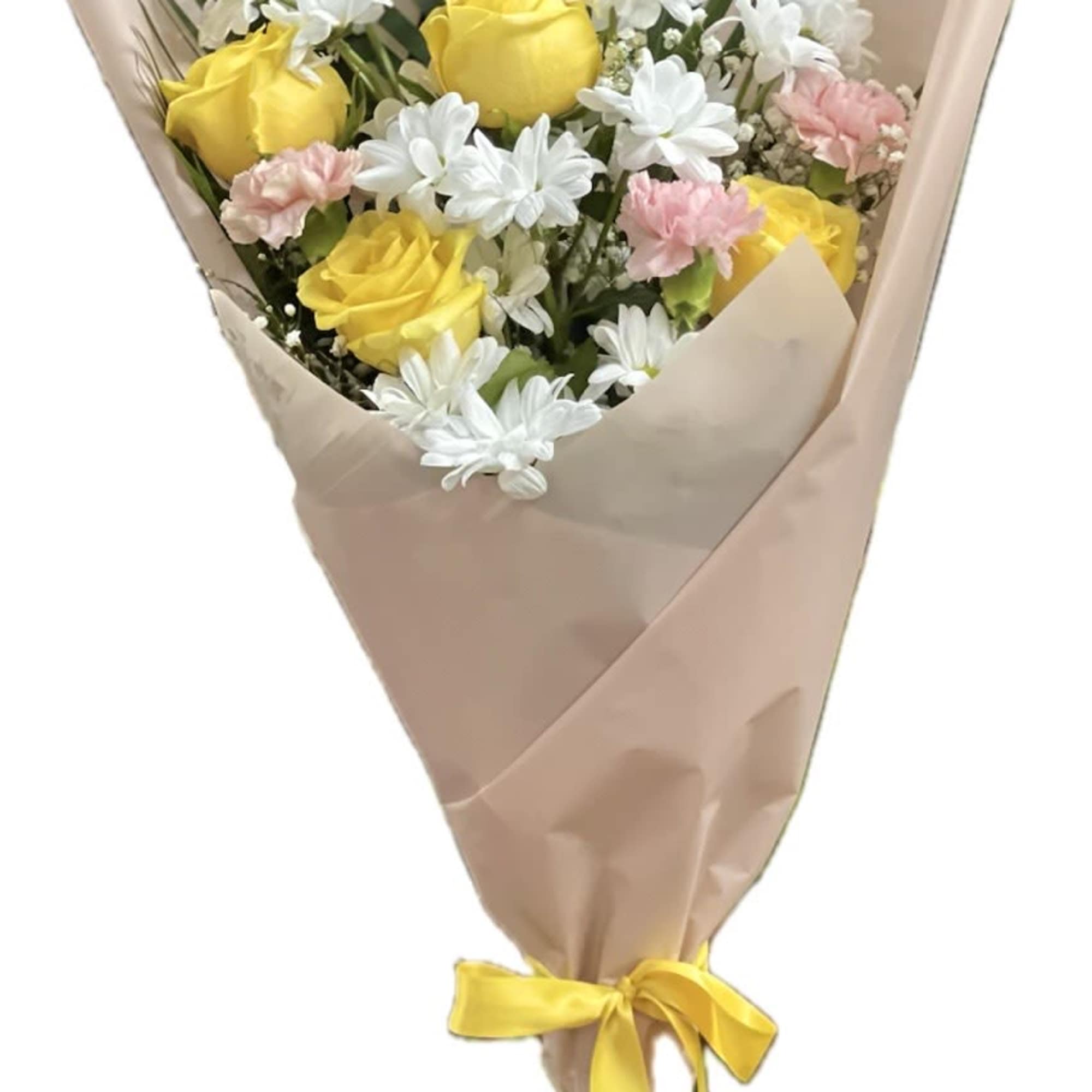 Bouquet of yellow roses, white daisies, and pink carnations wrapped in beige paper