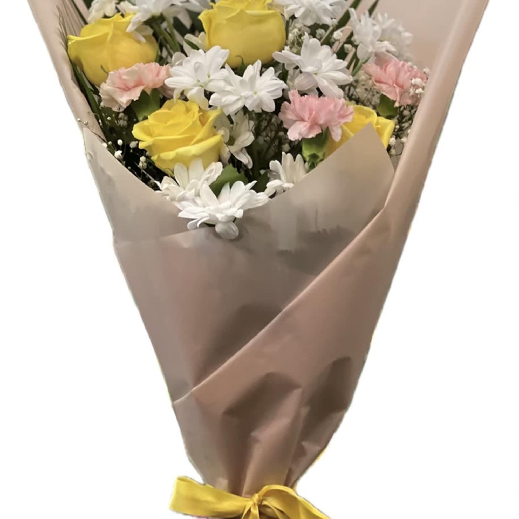 Bouquet of yellow roses, white daisies, and pink carnations wrapped in tan paper