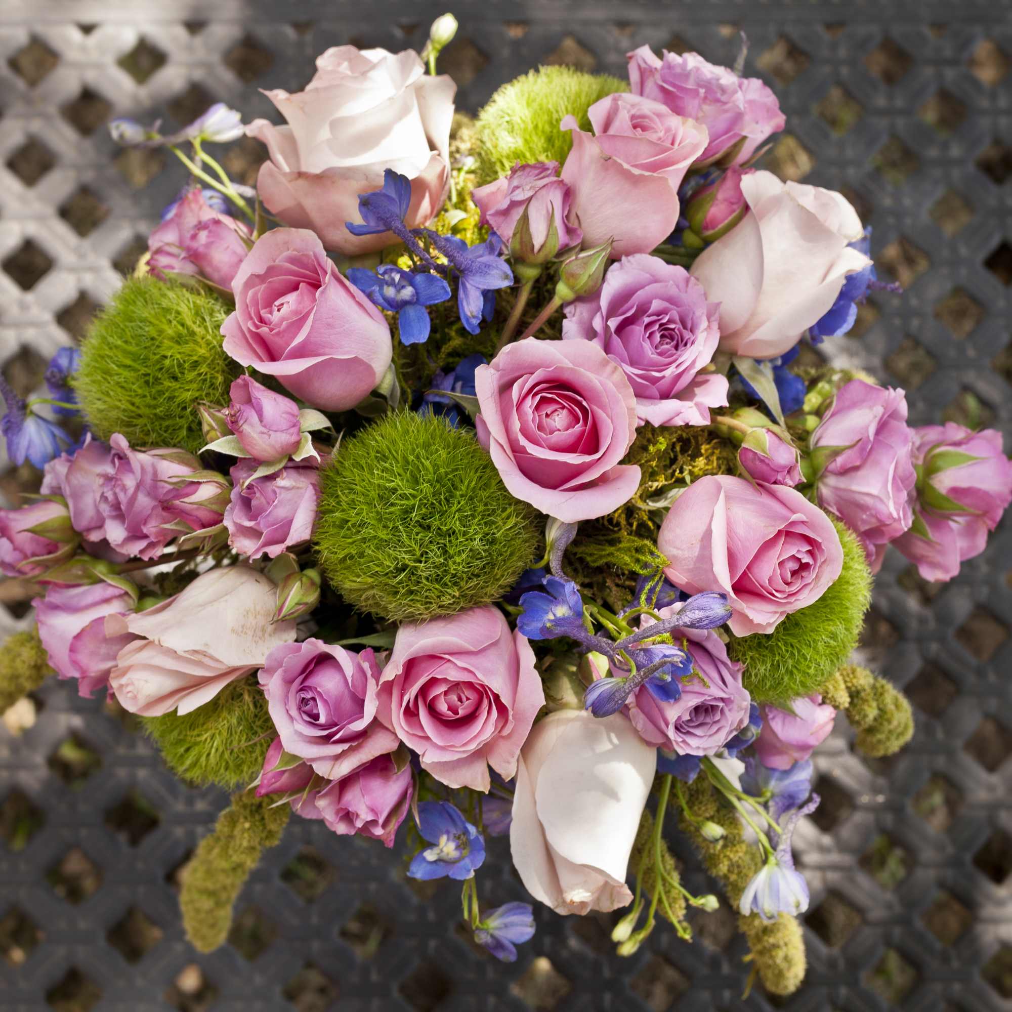 Pink roses and blue flowers arranged with bright green moss balls