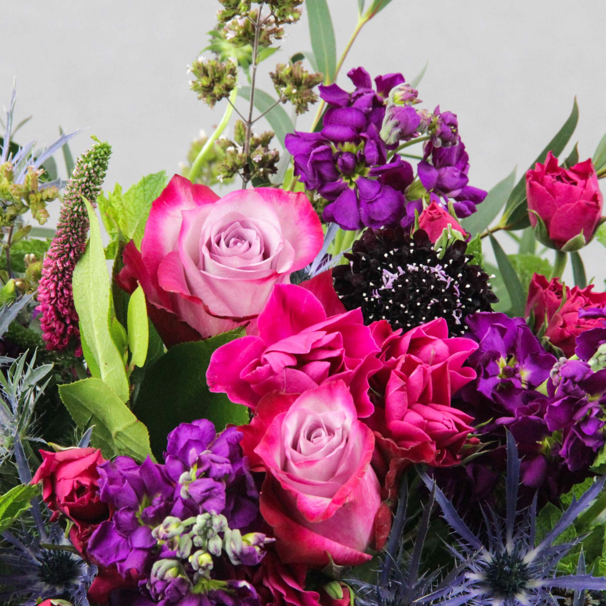 Bouquet of pink roses and purple flowers with spiky blue thistle