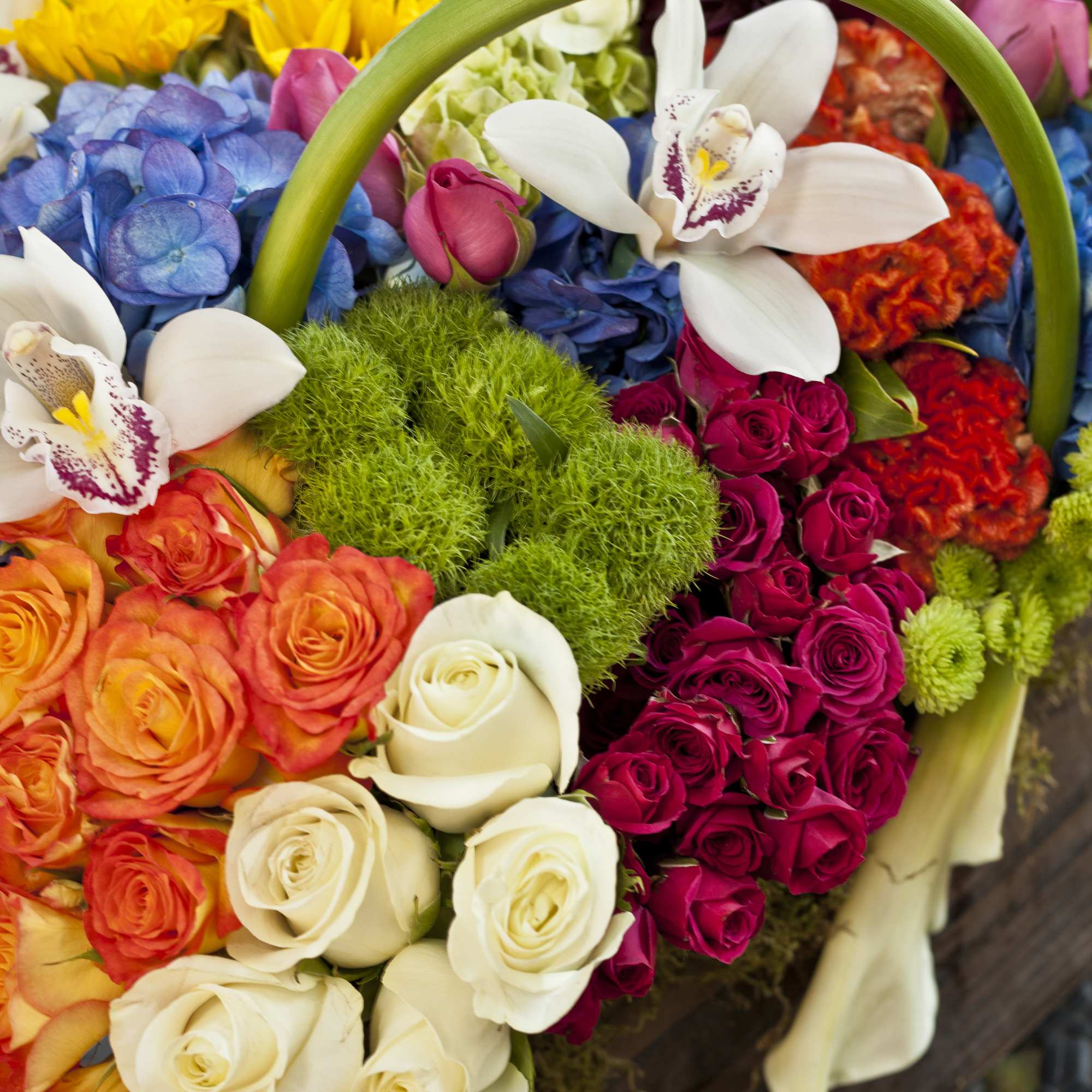 Colorful mixed bouquet with roses, orchids, and hydrangeas