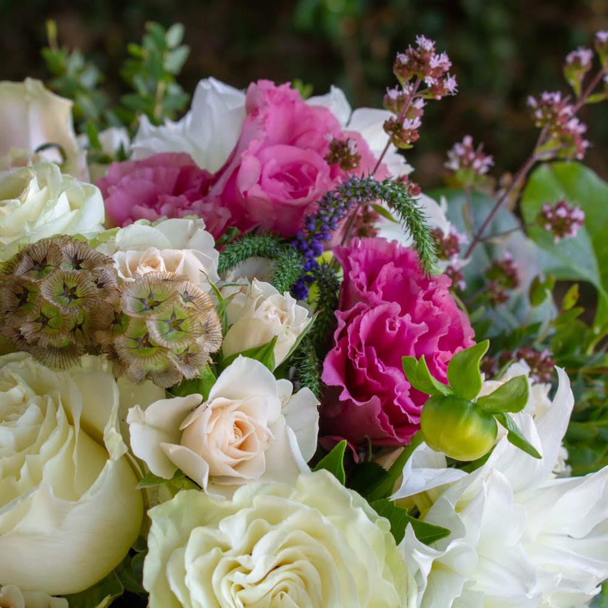 Bouquet of white and pink roses with magenta carnations and small filler flowers