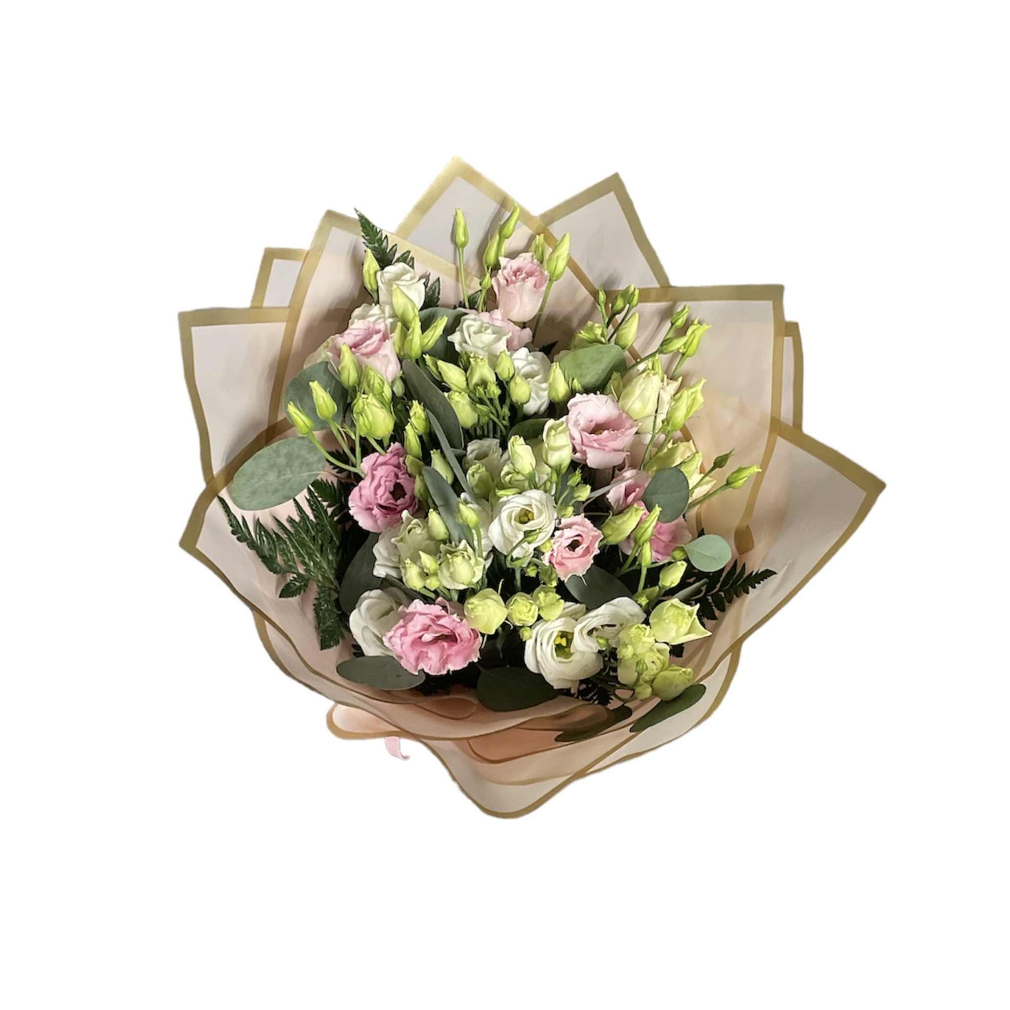 Bouquet of pink and white flowers wrapped in tan paper