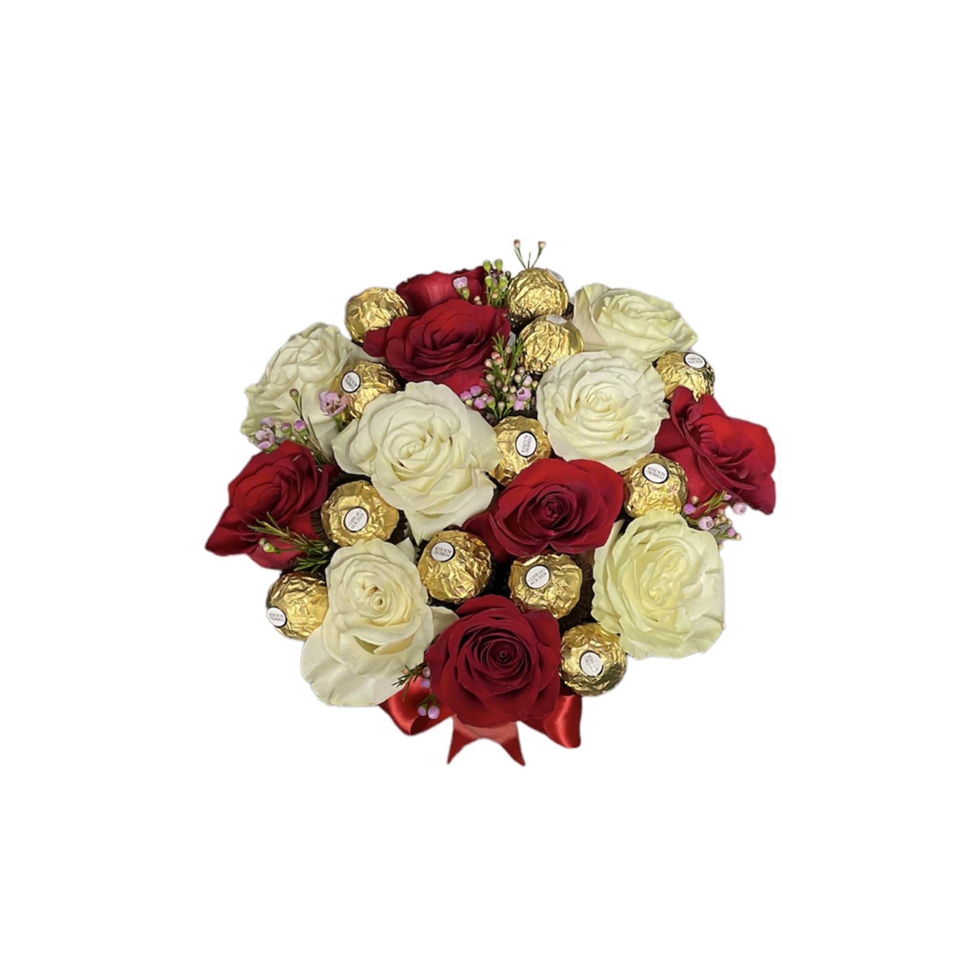 Round bouquet of red and white roses arranged with gold-wrapped chocolates and a red ribbon bow