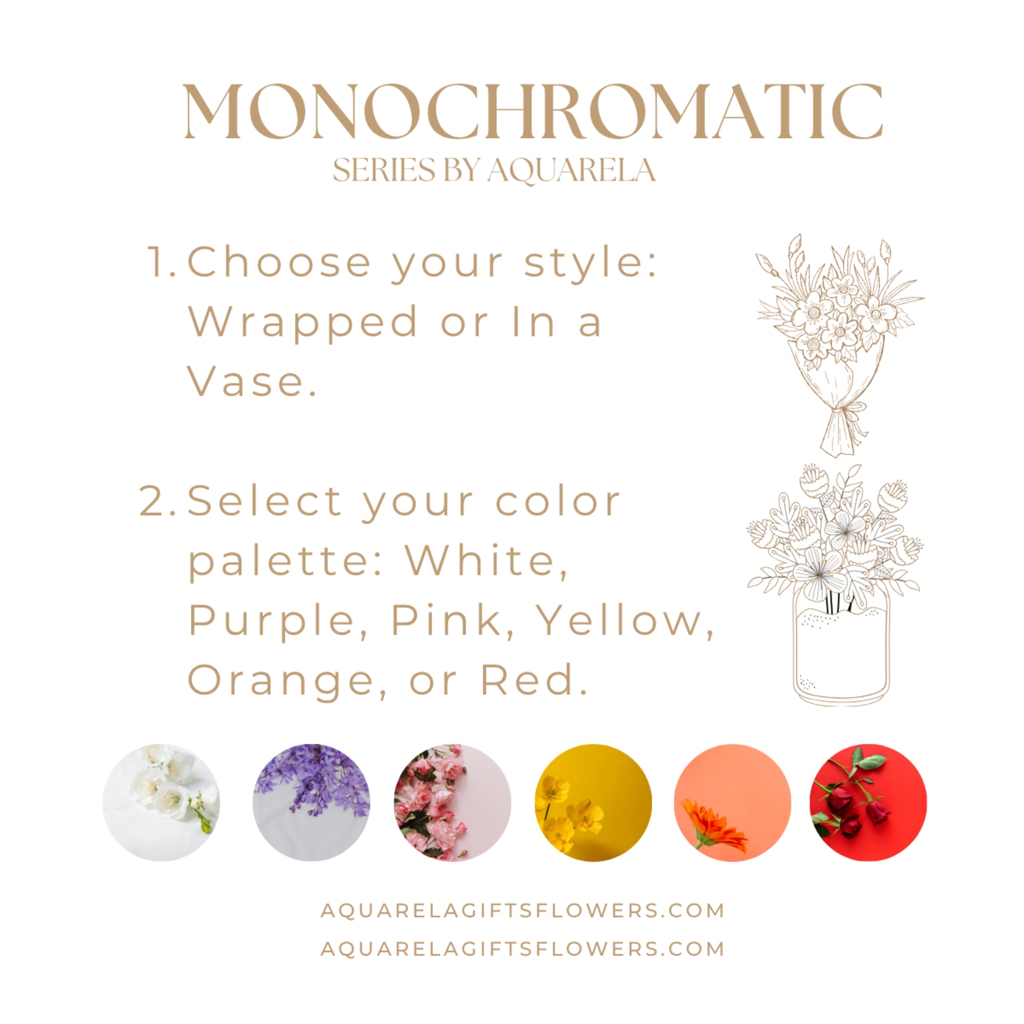 Monochromatic floral style guide with bouquet and vase illustrations