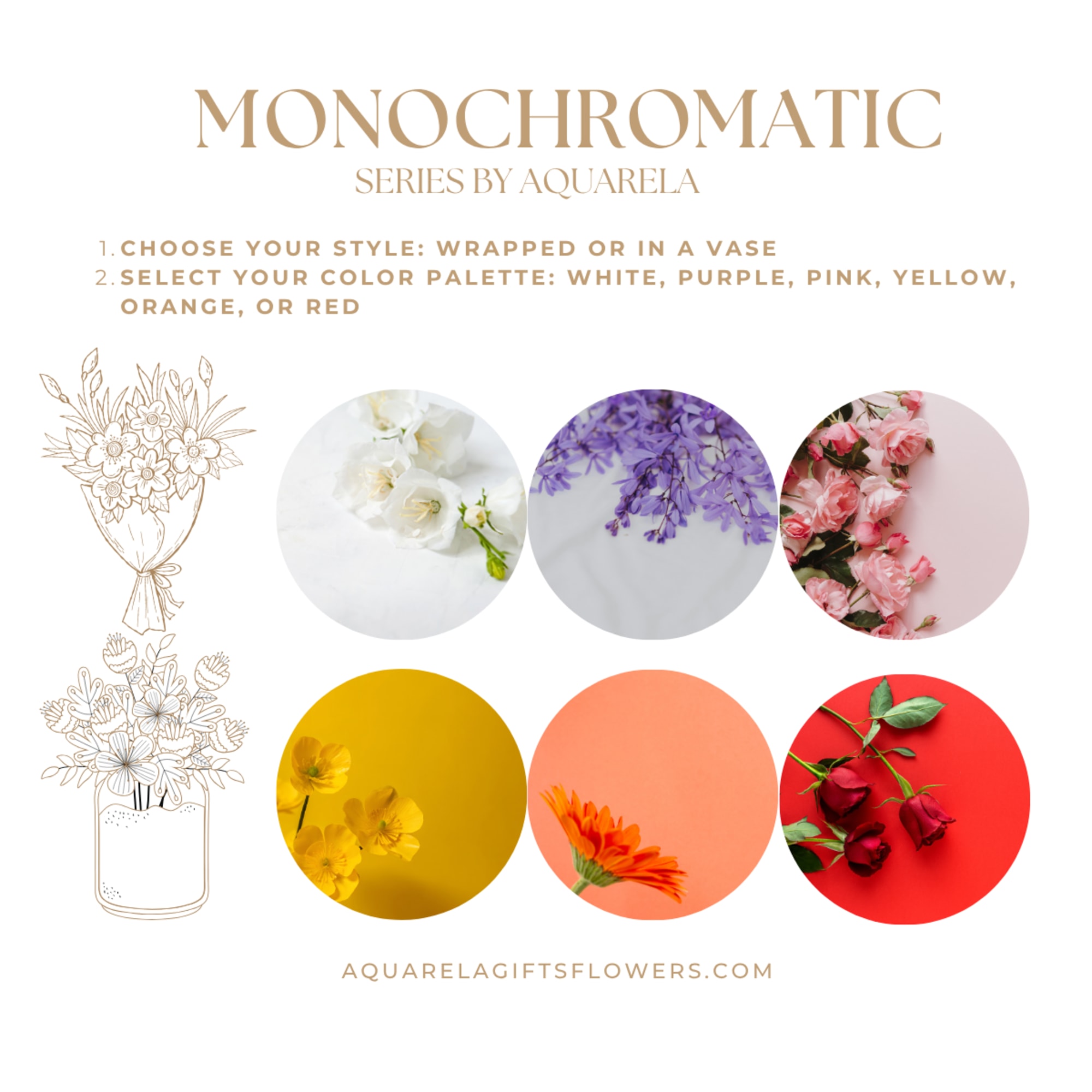 Promotional graphic showing monochromatic flower color options and bouquet examples