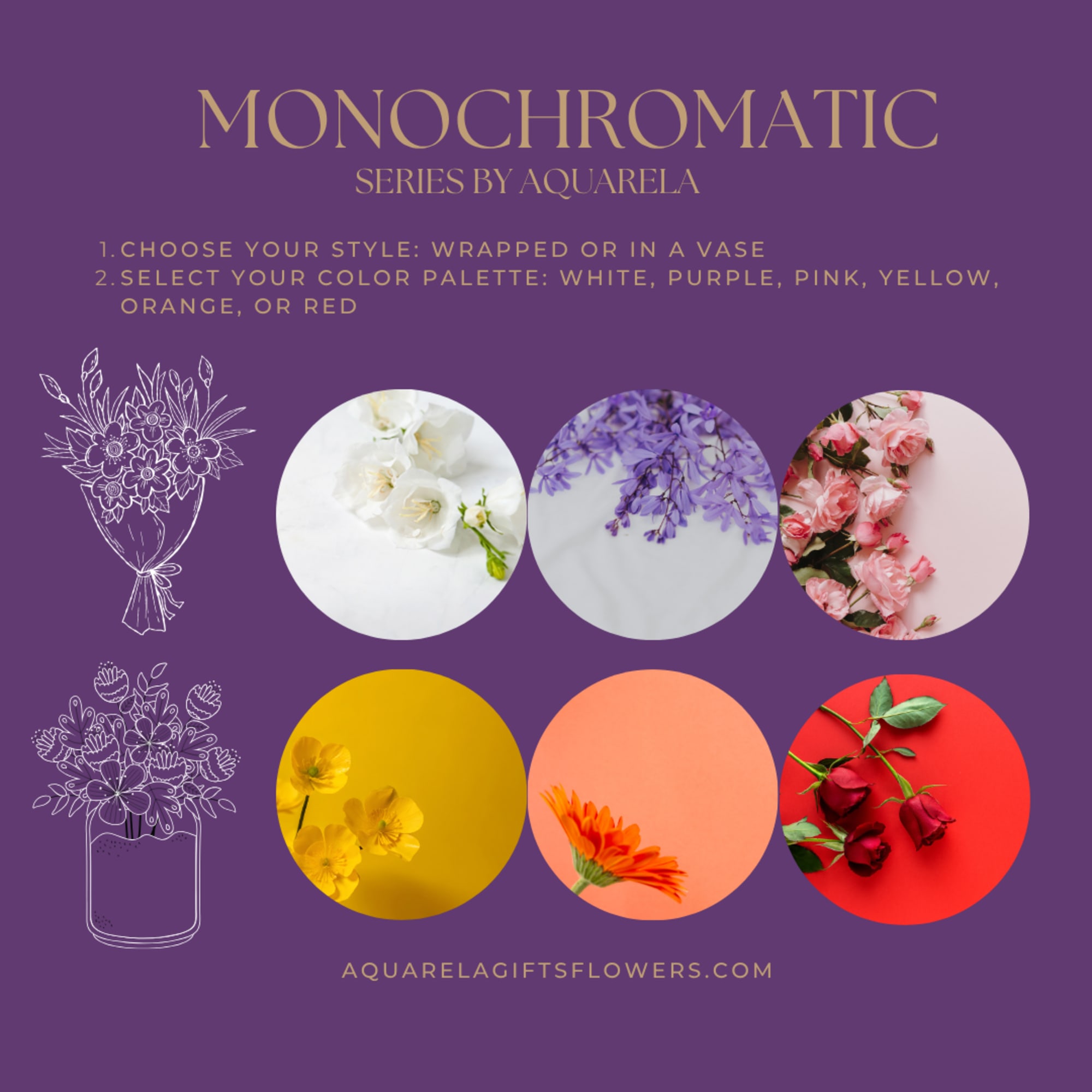 Monochromatic flower palette guide with six color options and bouquet examples