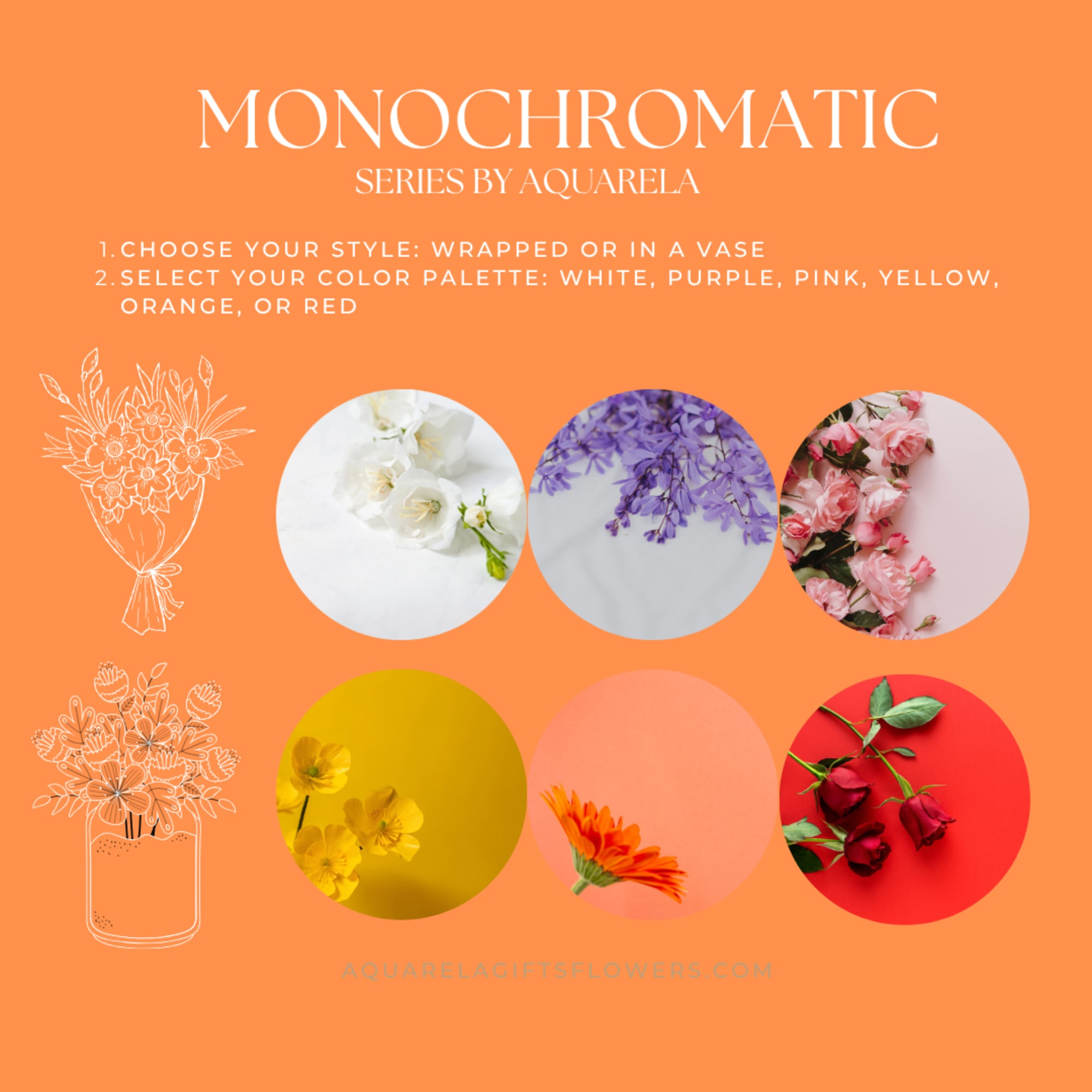 Orange promotional graphic with flower color options and bouquet illustrations