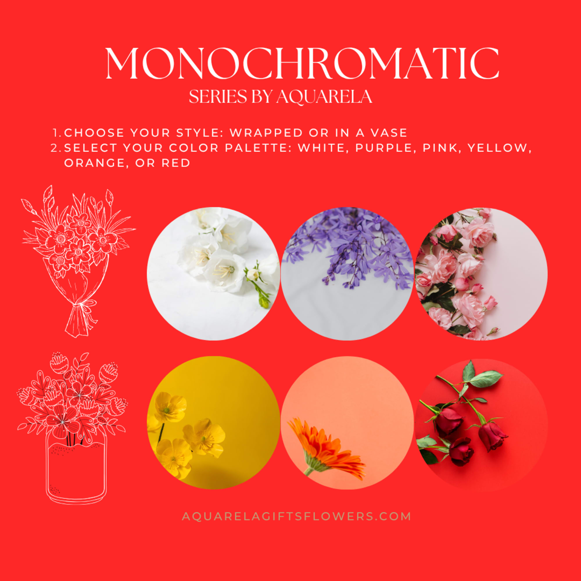 Red promotional graphic with six flower color options and bouquet examples