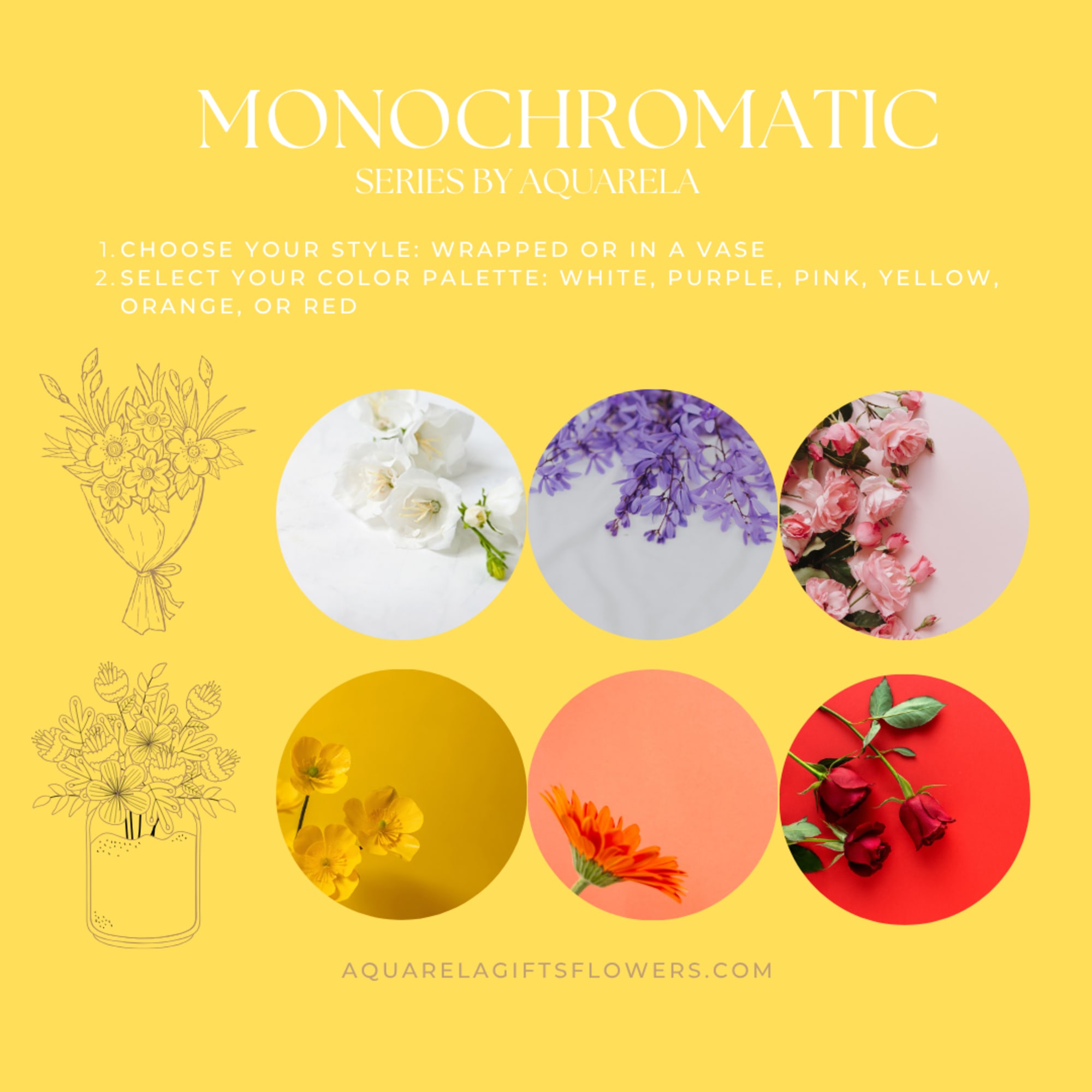 Yellow promotional graphic with six circular flower color samples