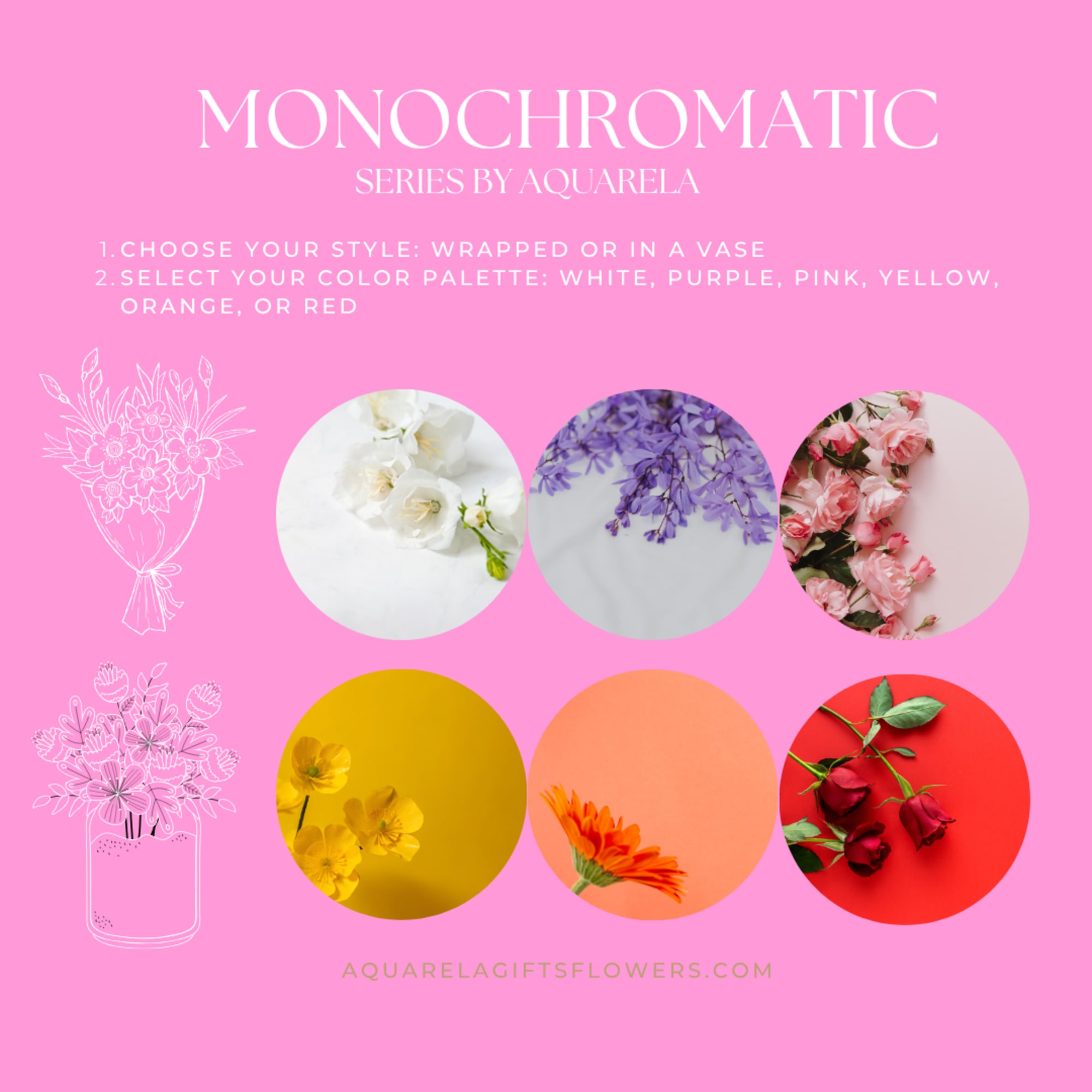 Pink promotional graphic showing monochromatic flower color options