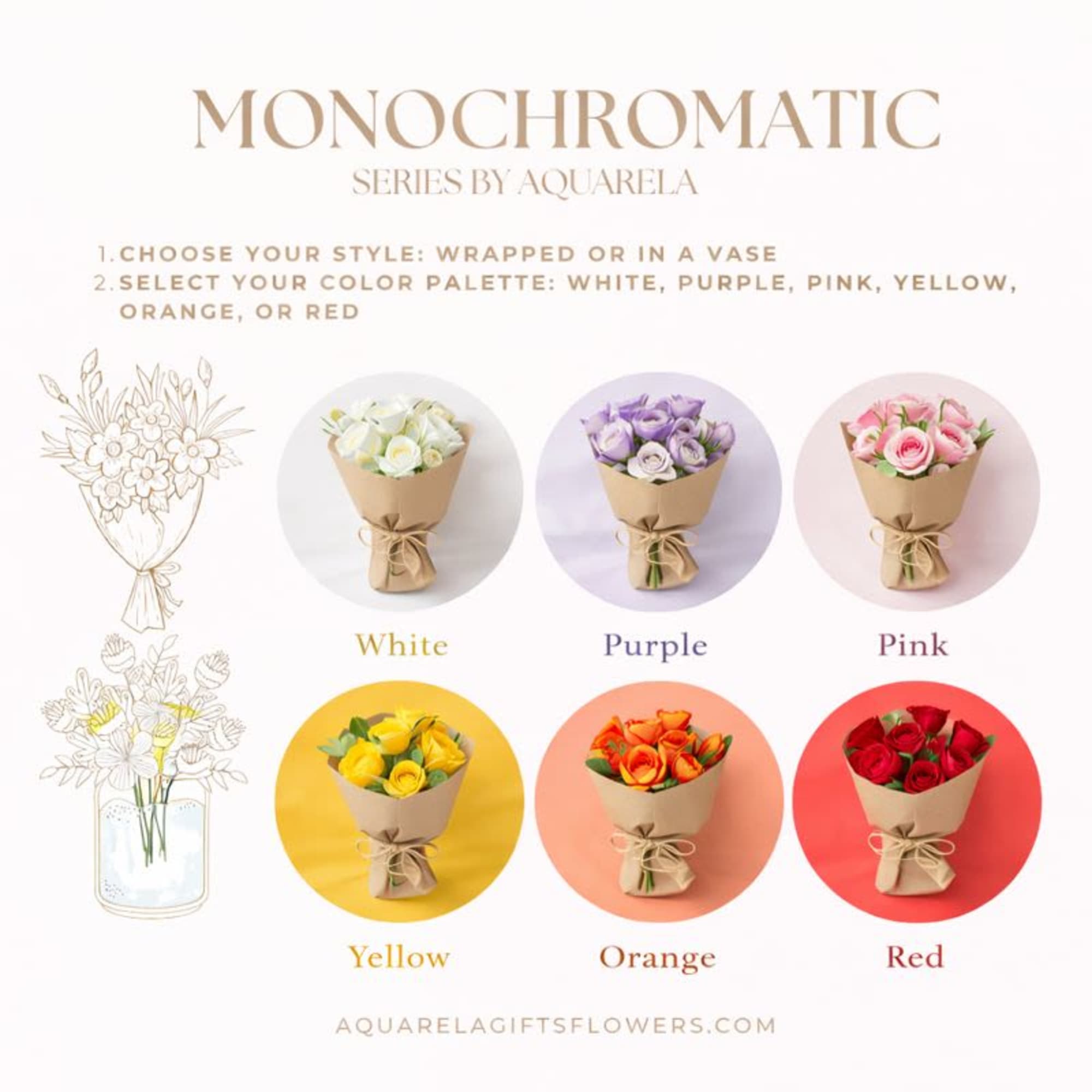 Monochromatic bouquet options in white, purple, pink, yellow, orange, and red
