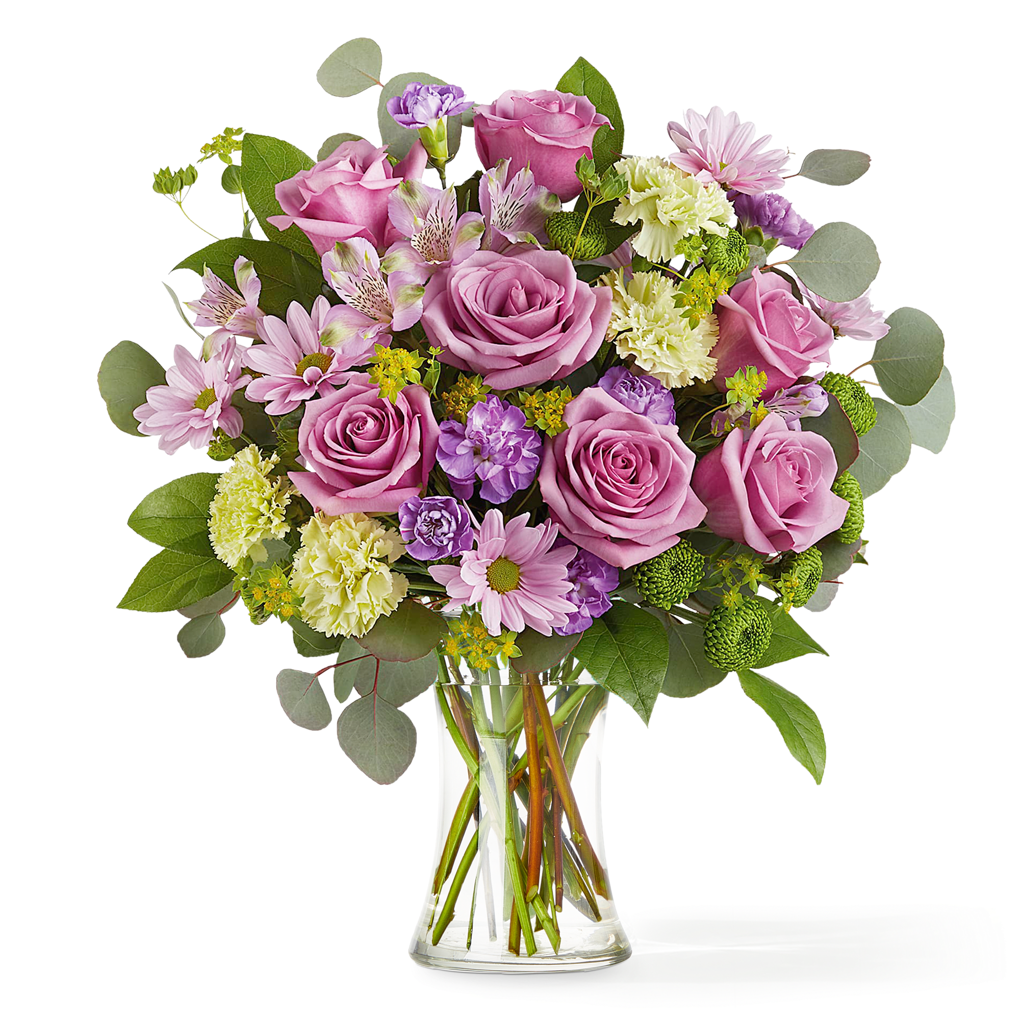 An opulent design featuring the eye catching contrast of soft lavender blooms