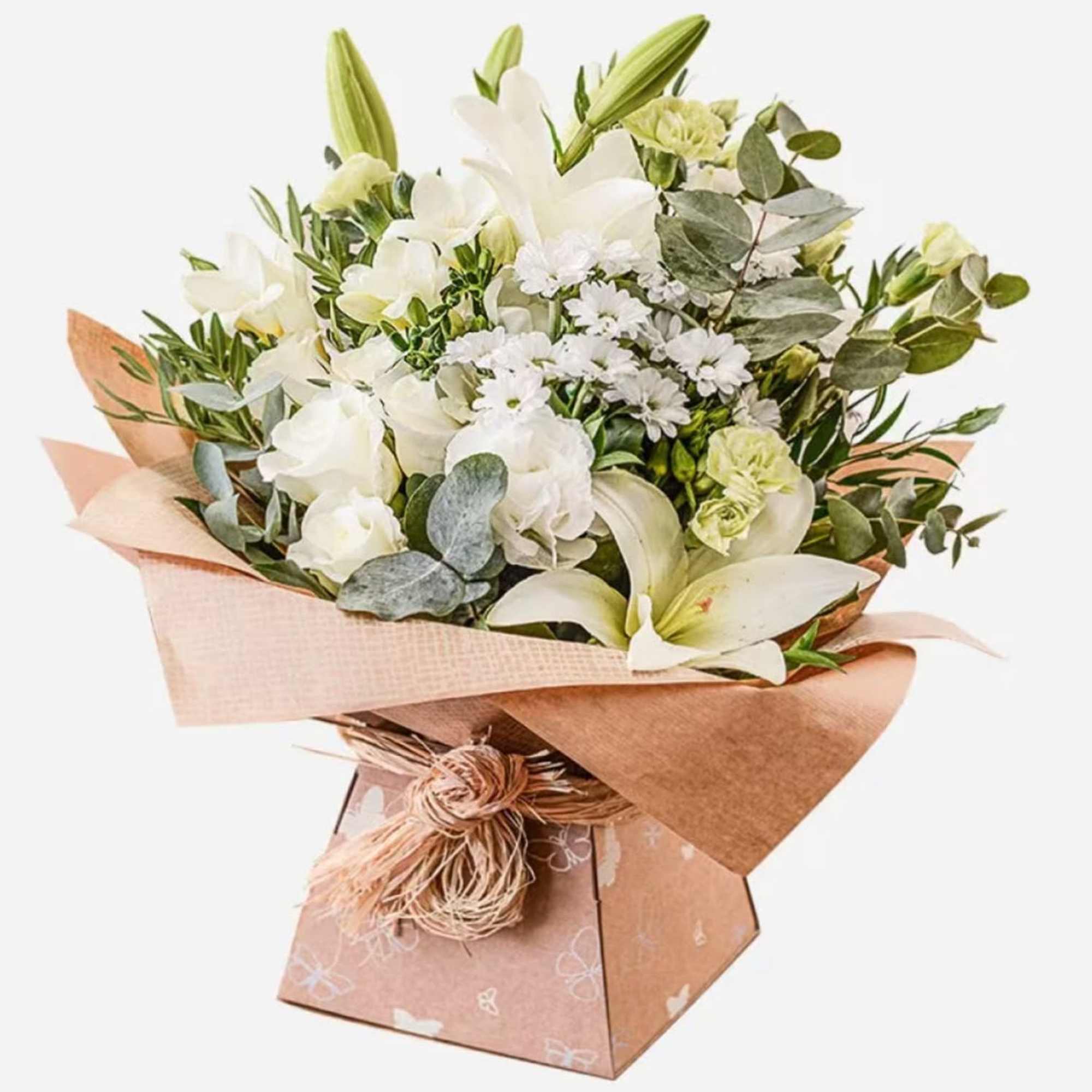 White floral bouquet in brown paper wrapping with a decorative gift box