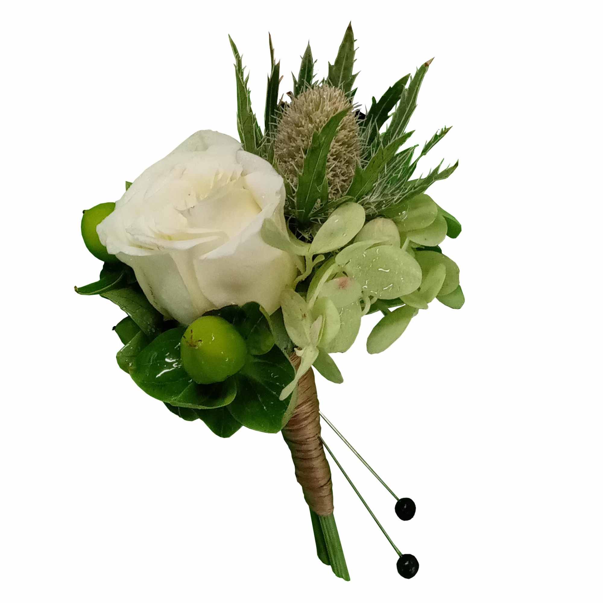 White rose boutonniere with green accents and wrapped stem