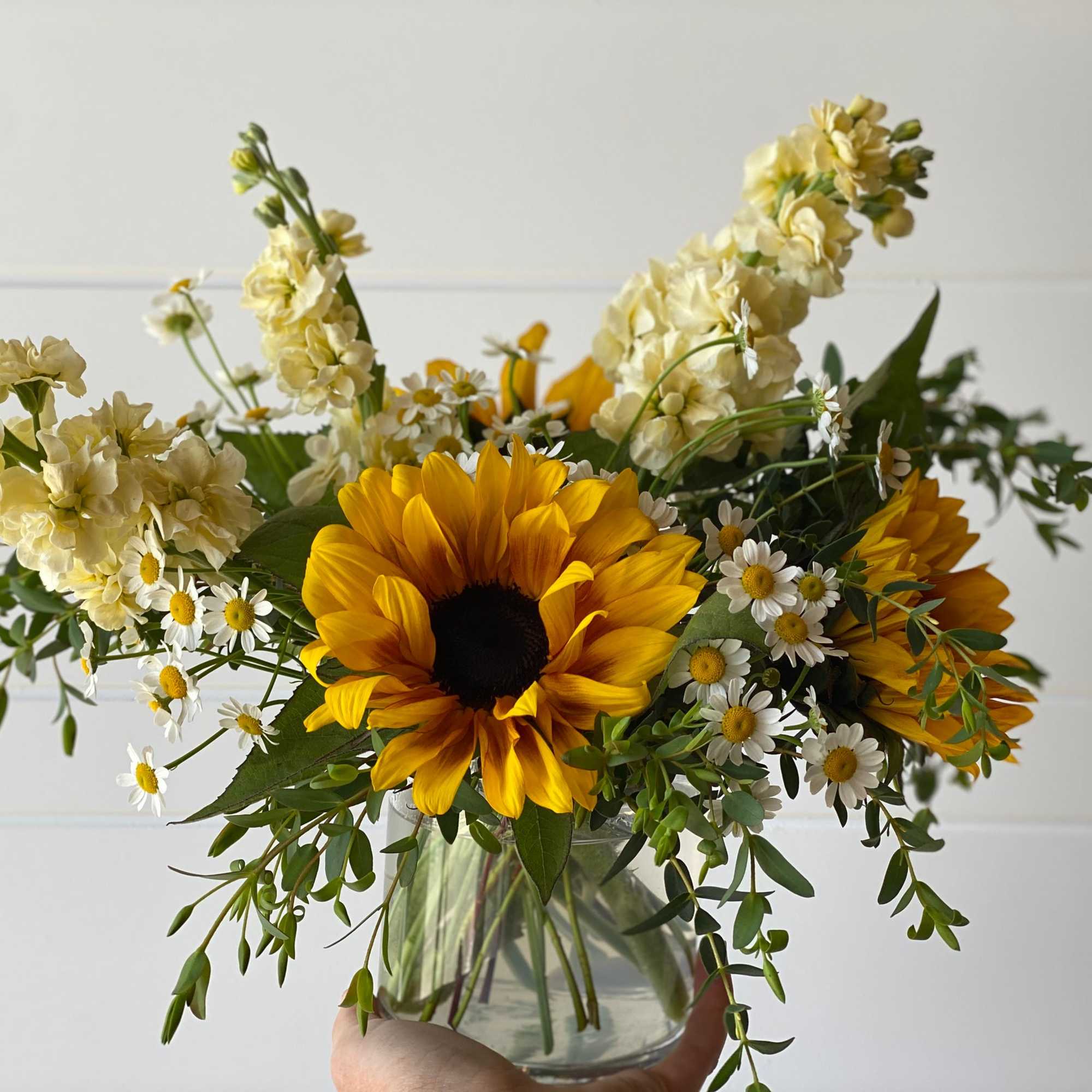 Sunflower and white daisy bouquet in a clear glass vase