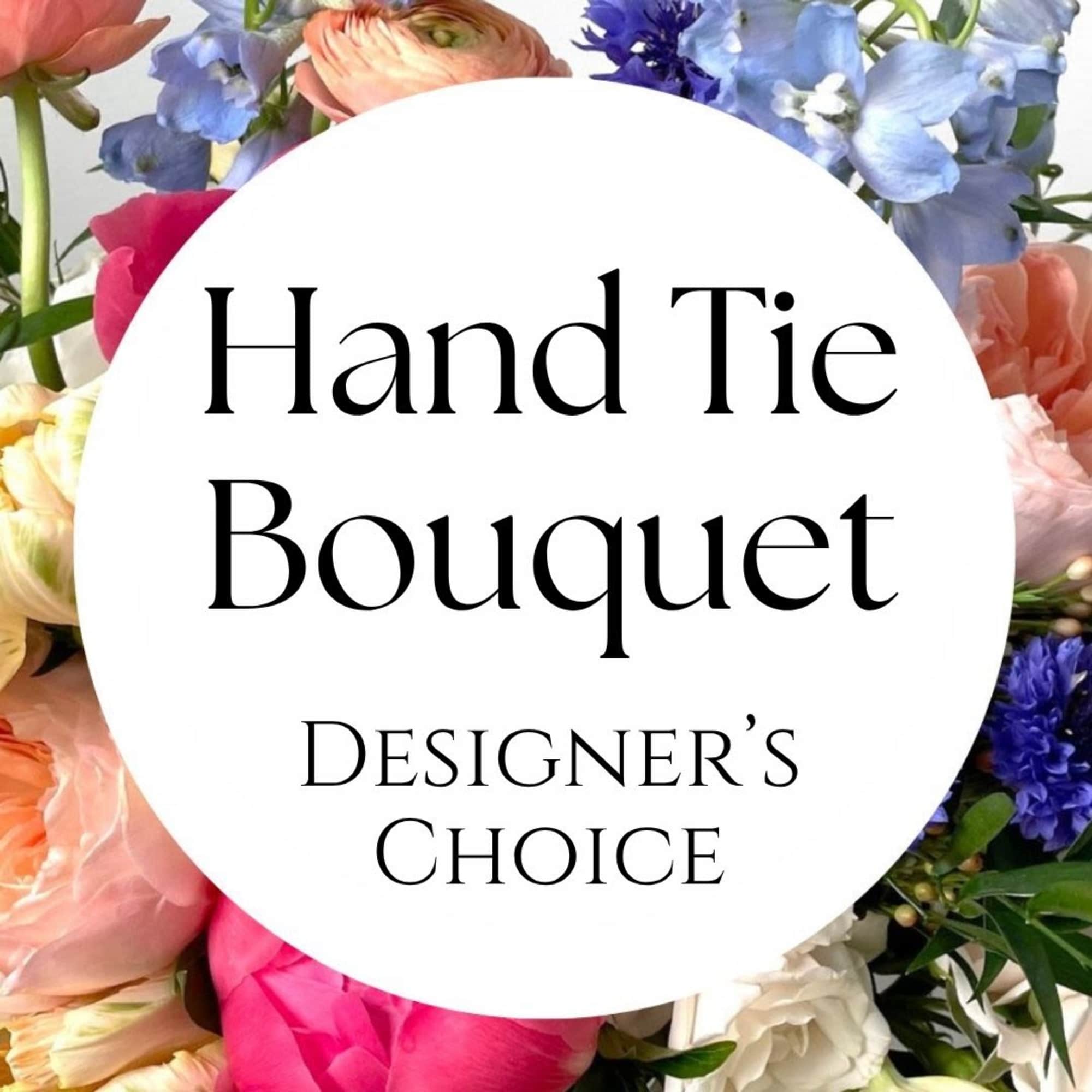 Graphic of a mixed hand-tied bouquet with pink, peach, white, and blue flowers behind text.