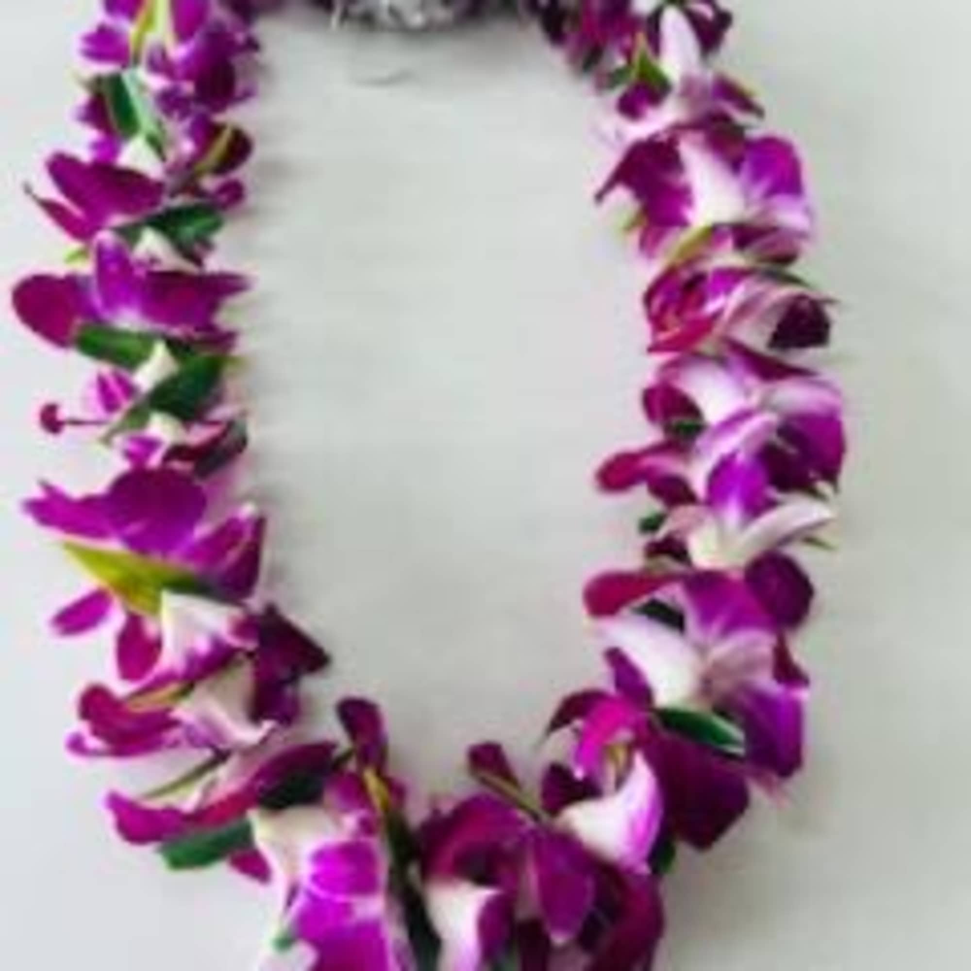Purple orchid lei on a white background