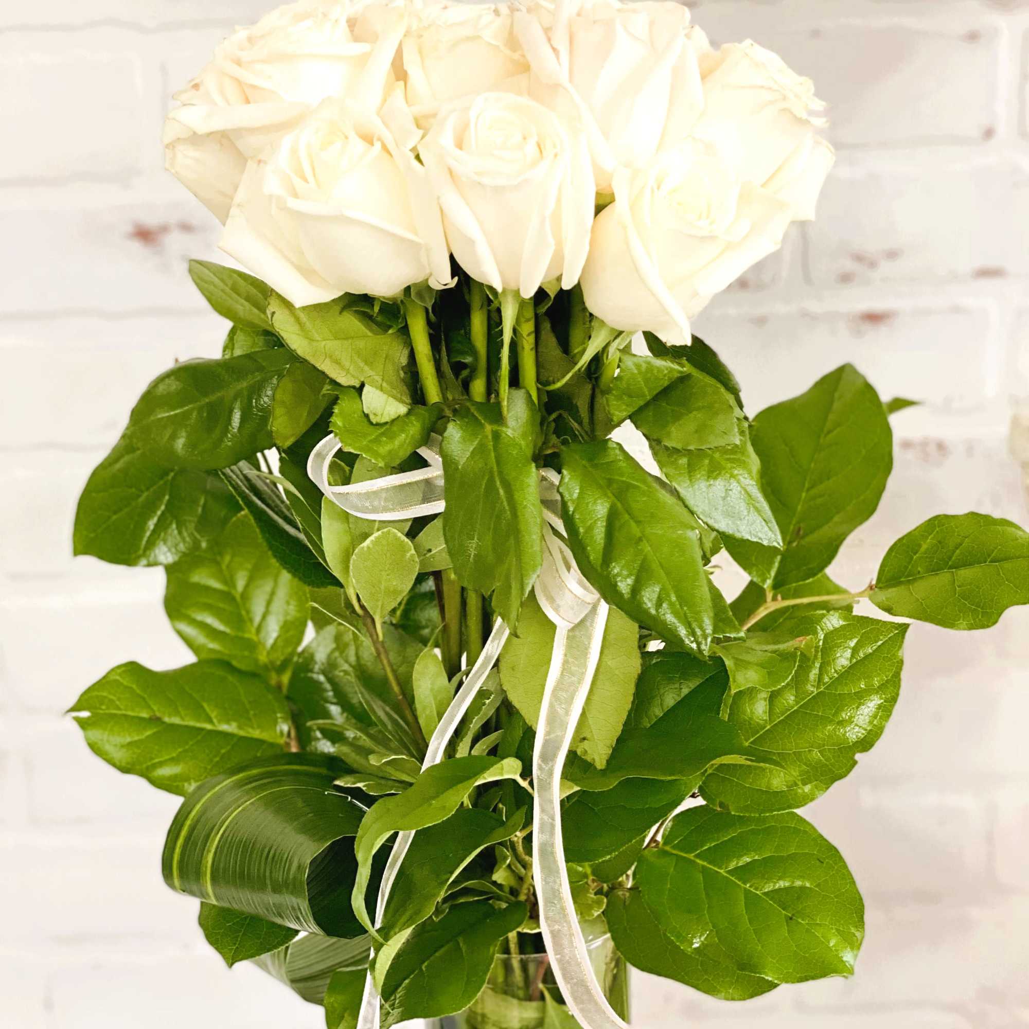 White roses in a glass vase with a white ribbon