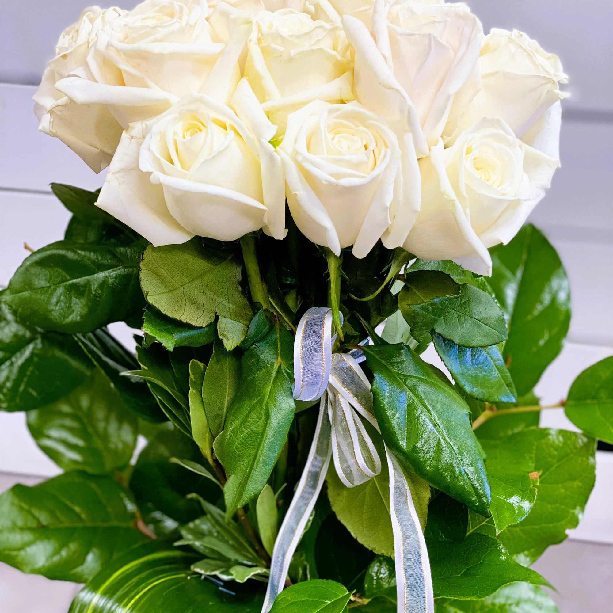 Bouquet of white roses with a silver ribbon