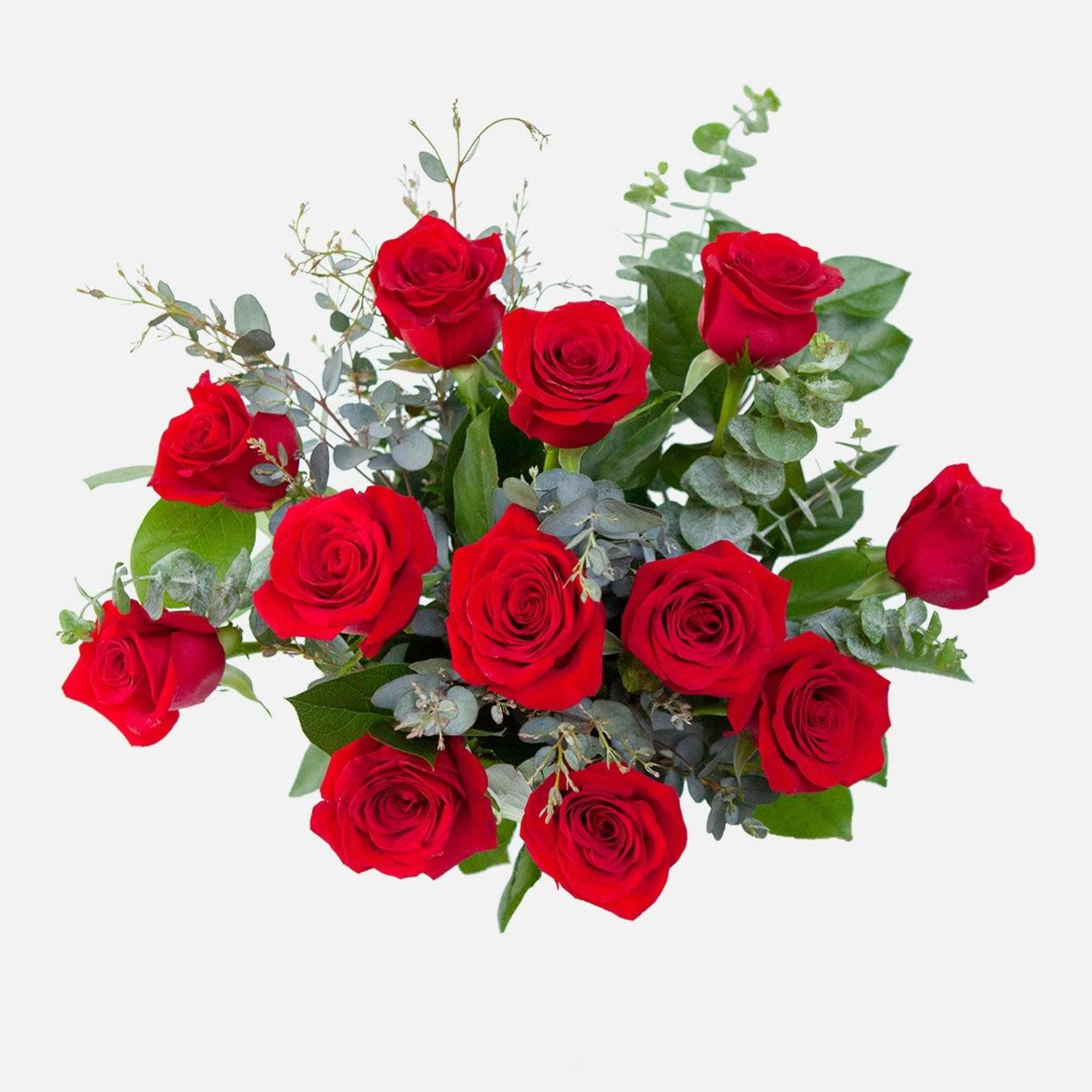Bouquet of red roses with eucalyptus greenery
