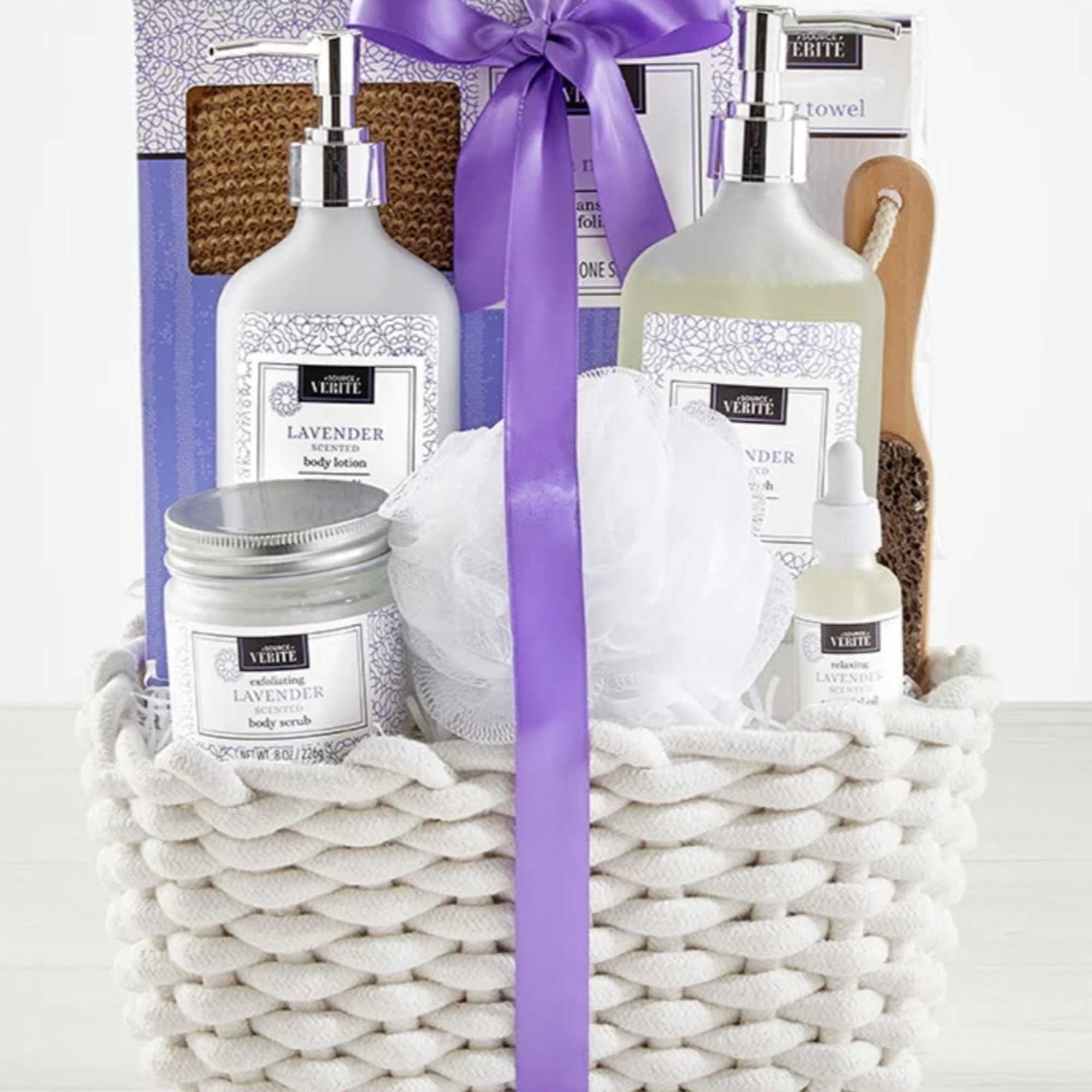 Lavender bath gift basket with lotion, scrub, and soap