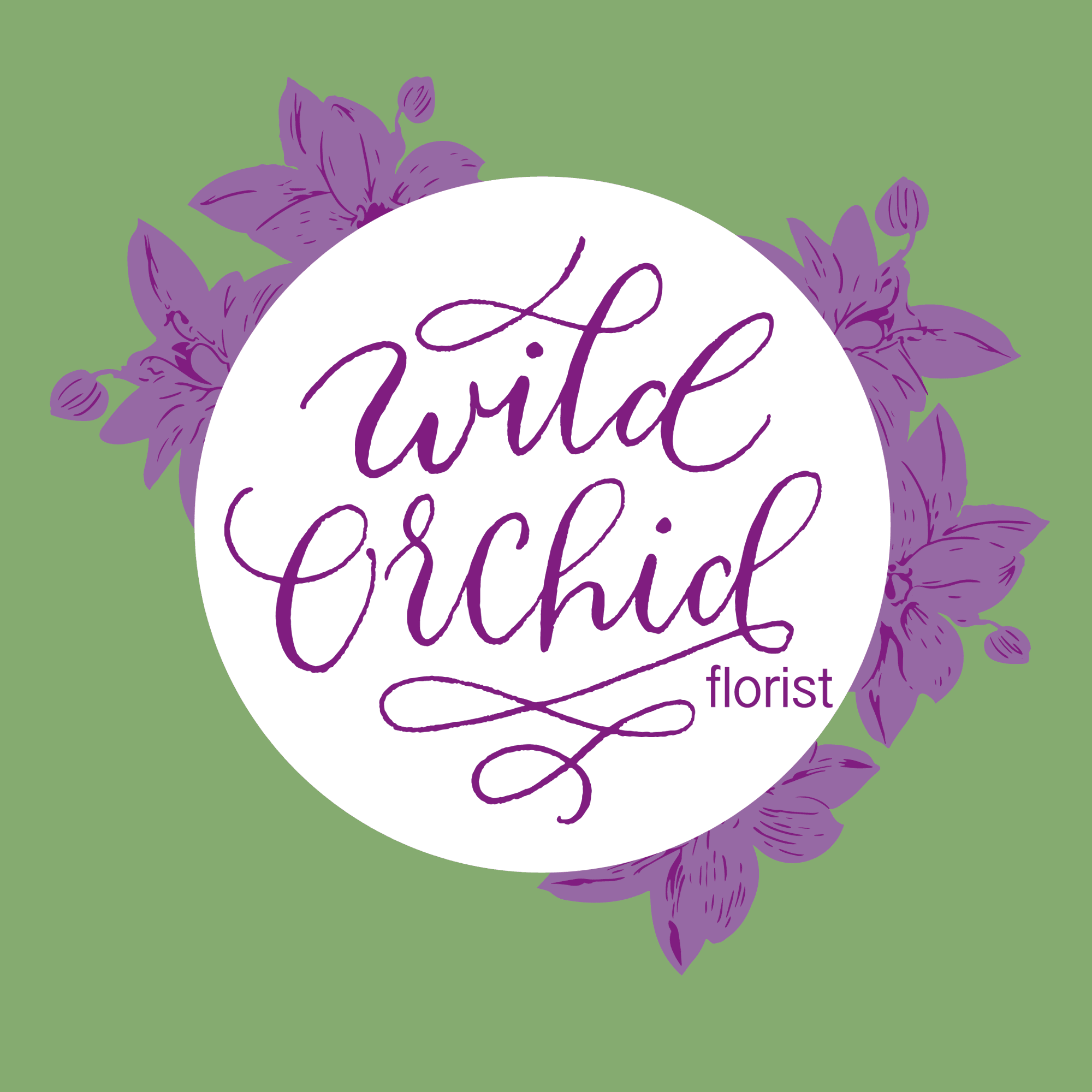 Wild Orchid florist logo with purple flowers on a green background