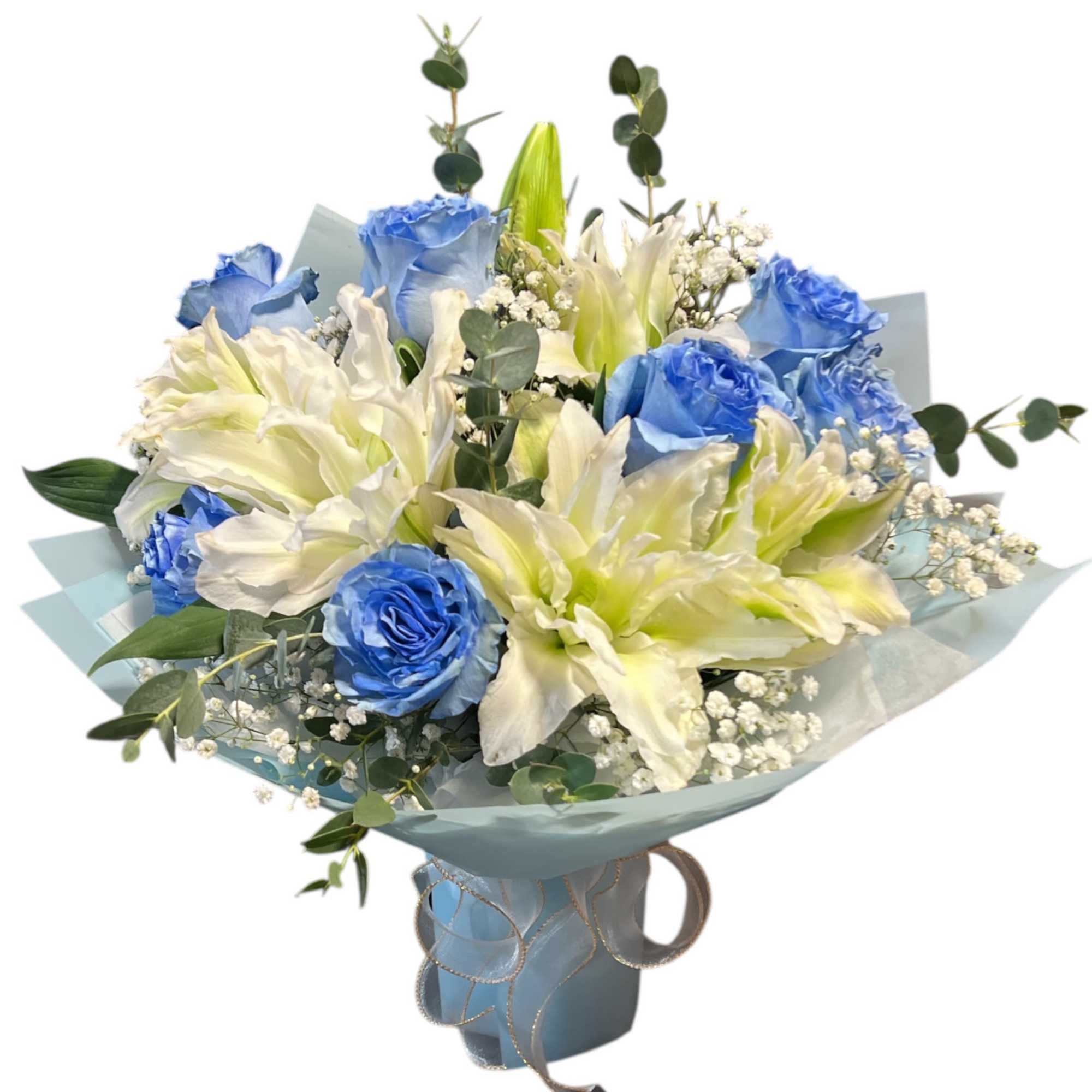 Blue roses, white lilies, and delicate baby&rsquo;s breath in romantic hues.
No need