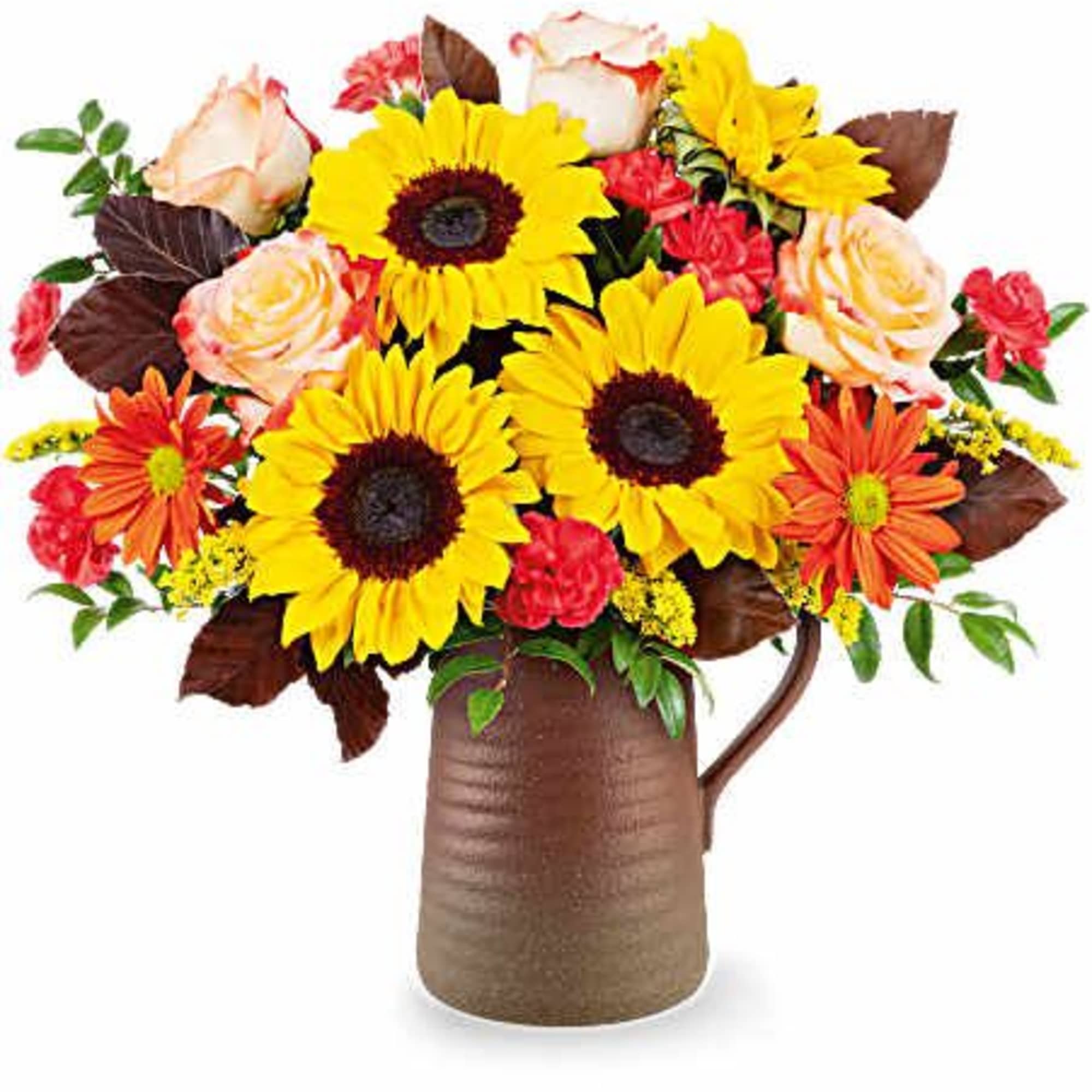 Bouquet of sunflowers, roses, and orange daisies in a brown pitcher vase
