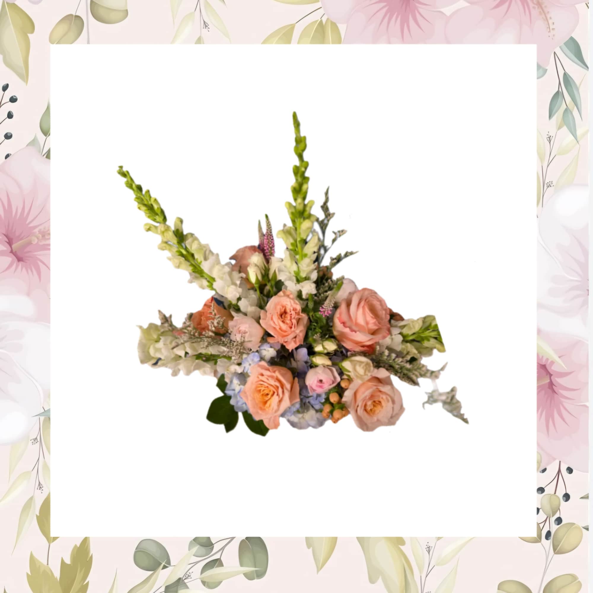 Catherine's Peaches consists of peach roses, hydrangea, stock, and seasonal greenery. 