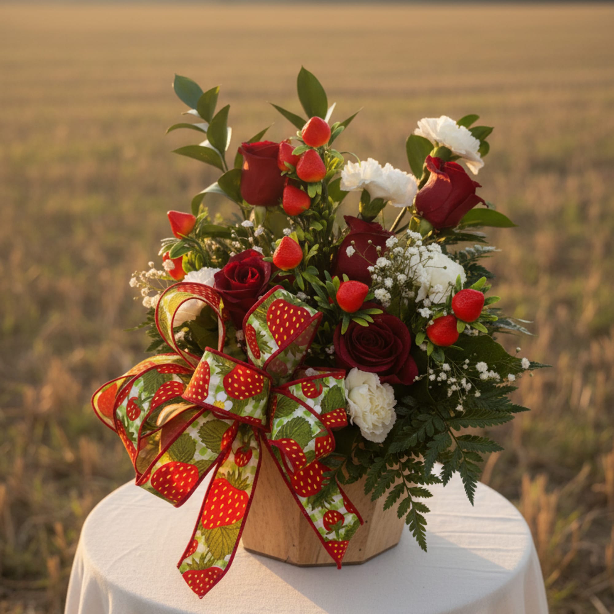 Basket arrangement of red roses and white flowers with strawberry accents and a large strawberry-print bow.