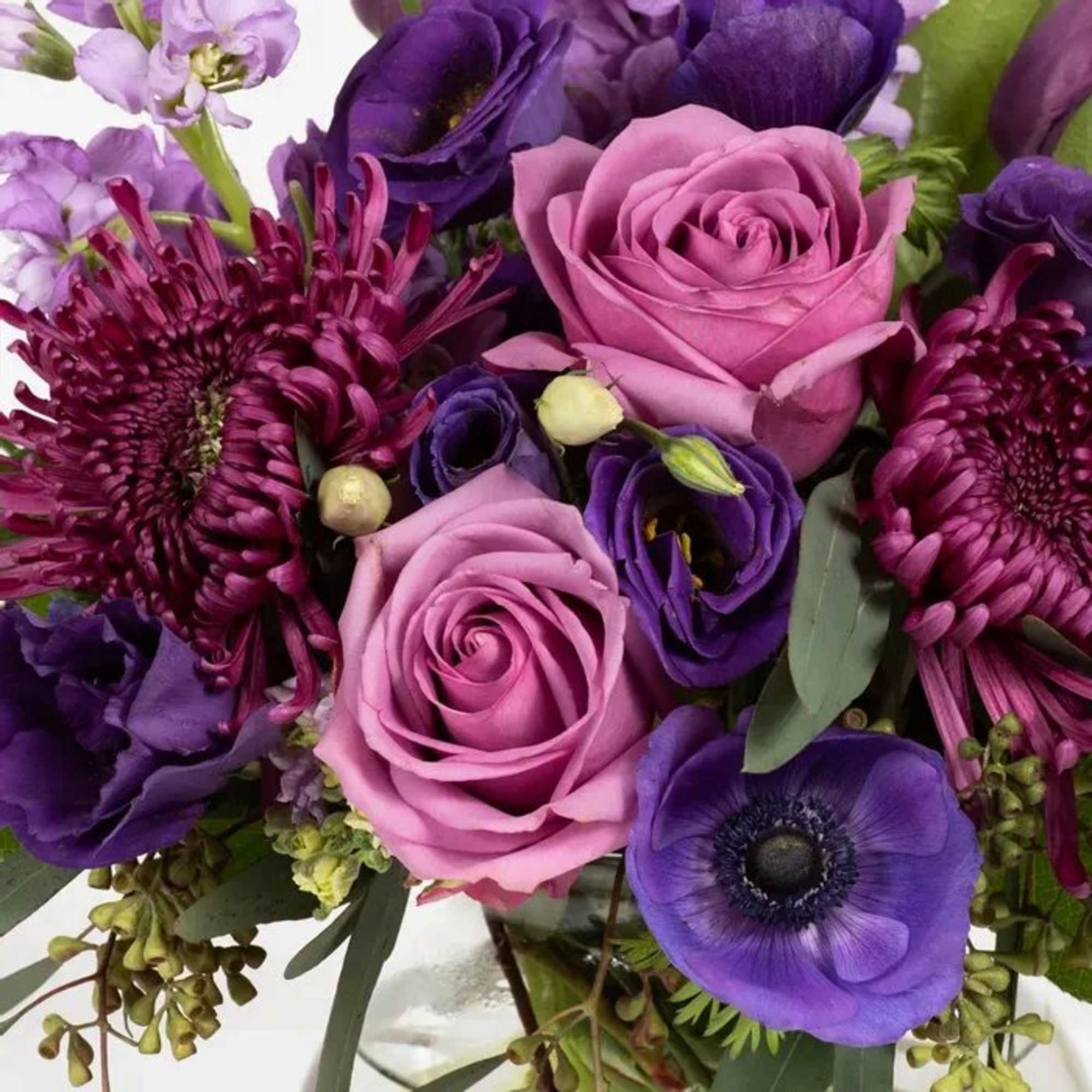 Bouquet of pink and purple roses with dark purple blooms