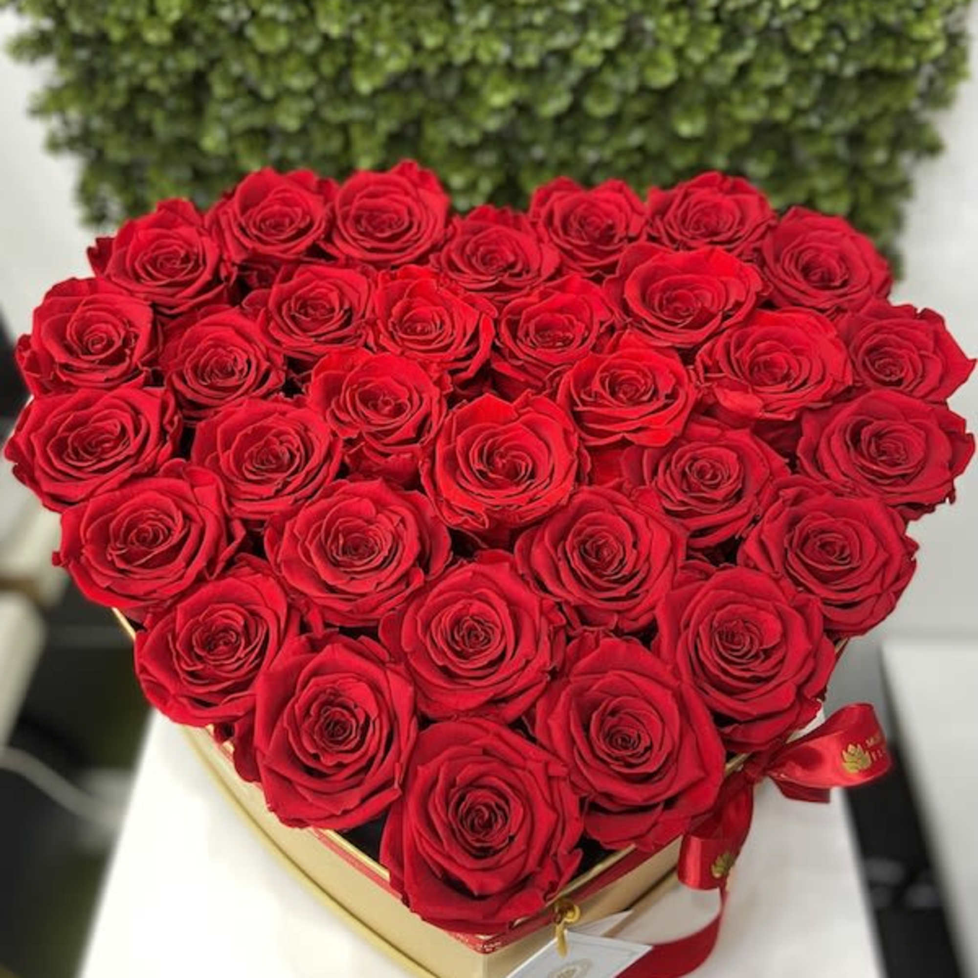 Heart-shaped gold box filled with red roses on a white surface