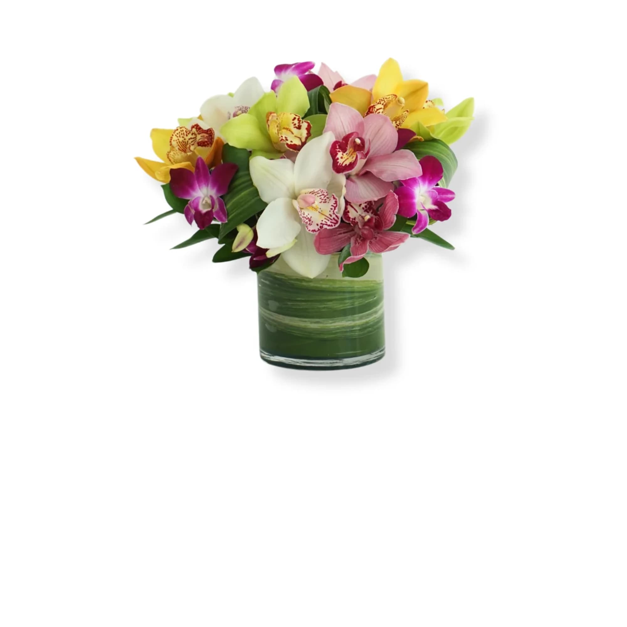 Bouquet of colorful orchids in a green glass vase