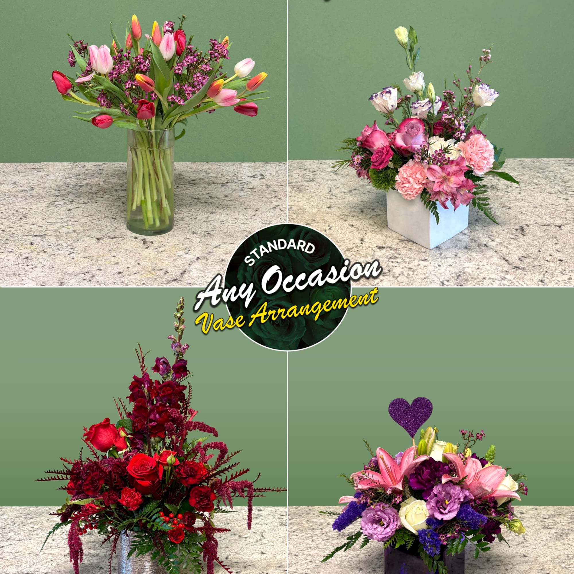 Collage of four floral vase arrangements in different color palettes