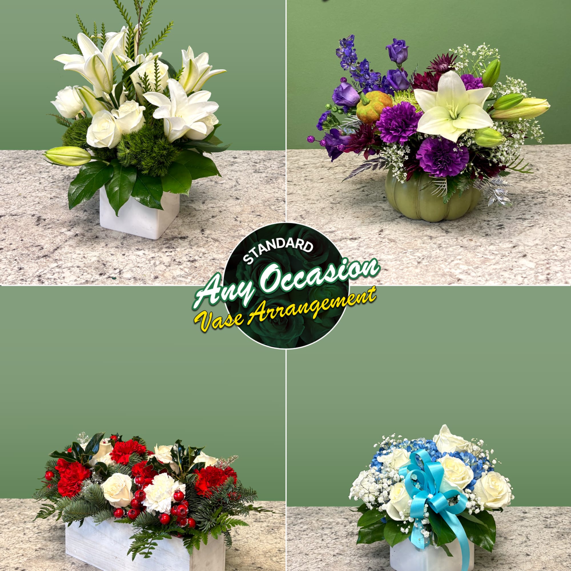 Four floral vase arrangements in white, purple, red, and blue tones