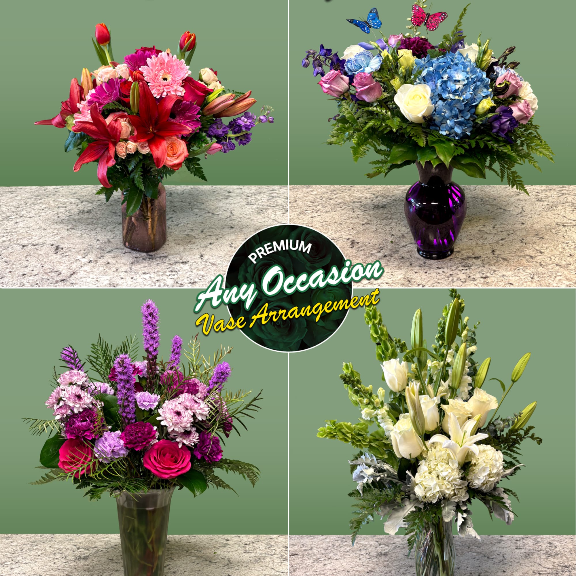 Four colorful vase flower arrangements on a green background