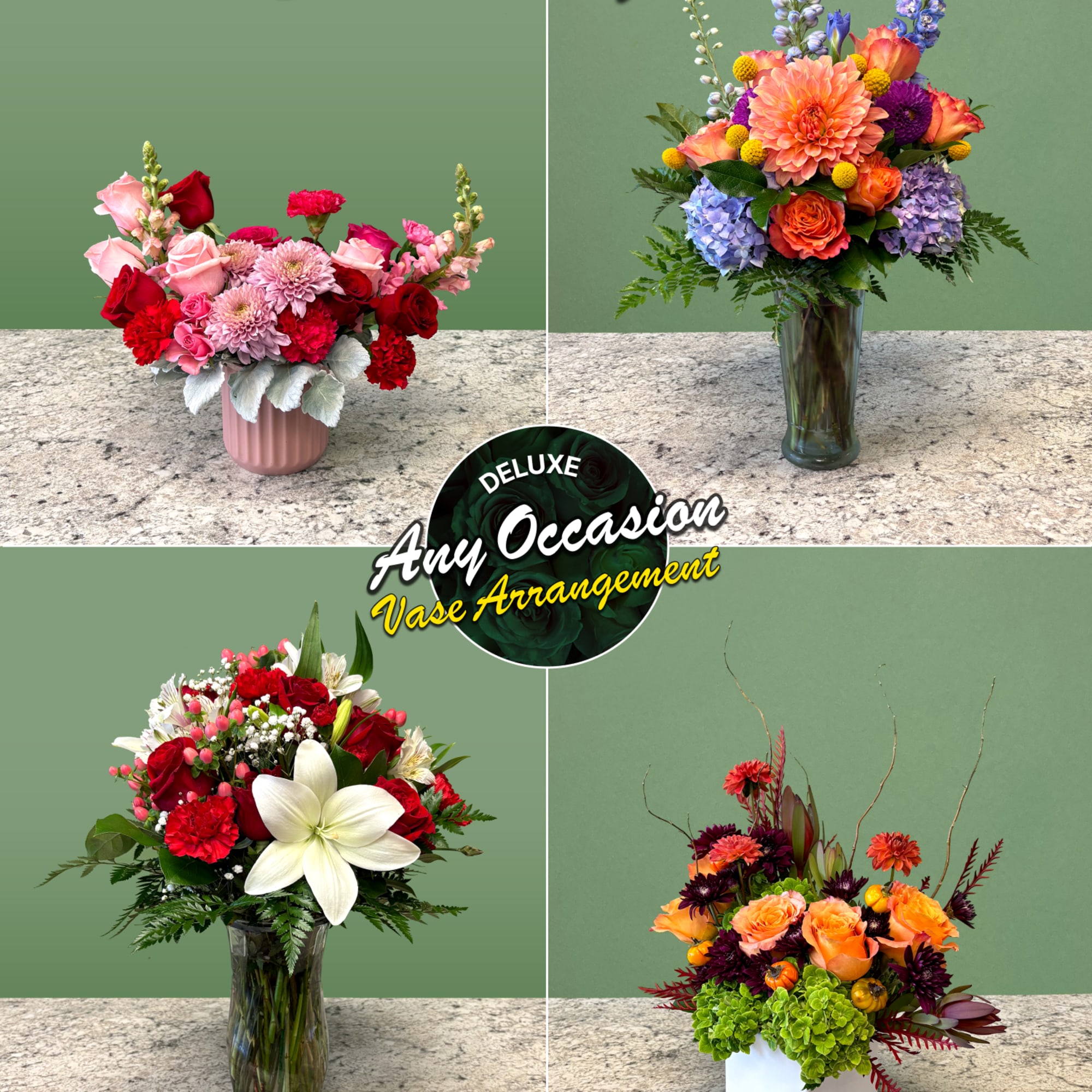 Four colorful floral vase arrangements on a green background